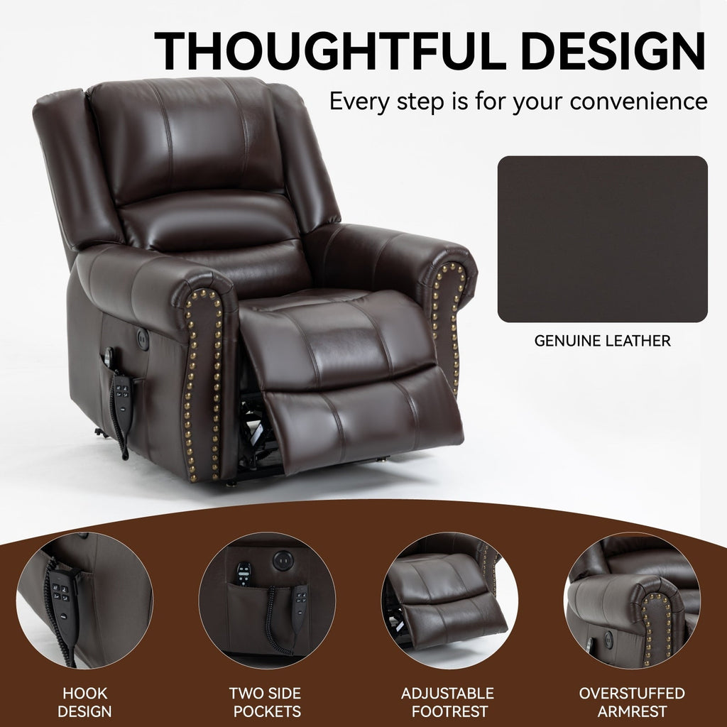 Fauteuil inclinable électrique en cuir véritable avec double moteur, massage par vibrations à 8 points, chauffage, ports USB et inclinaison infinie