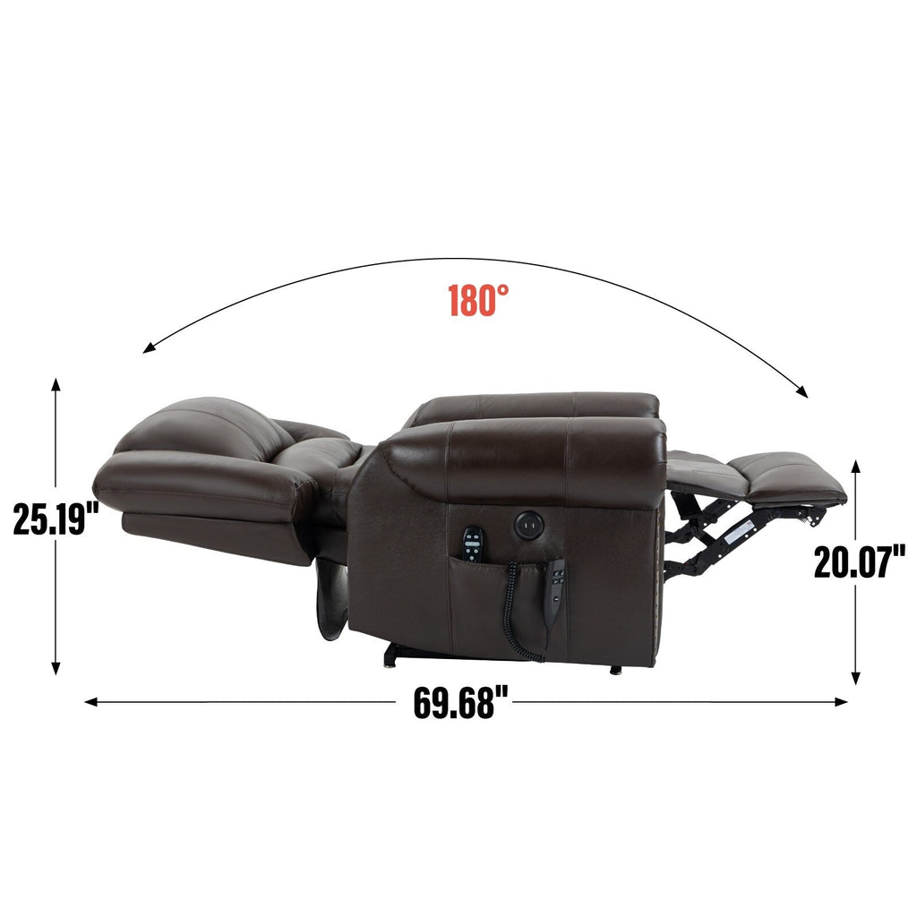 Fauteuil inclinable électrique en cuir véritable avec double moteur, massage par vibrations à 8 points, chauffage, ports USB et inclinaison infinie