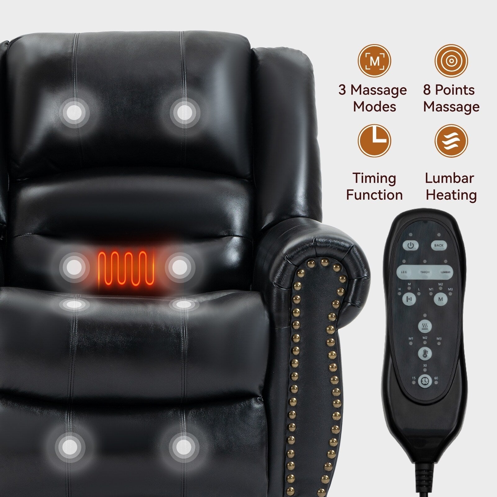 Fauteuil inclinable électrique en cuir véritable avec double moteur, massage par vibrations à 8 points, chauffage, ports USB et inclinaison infinie