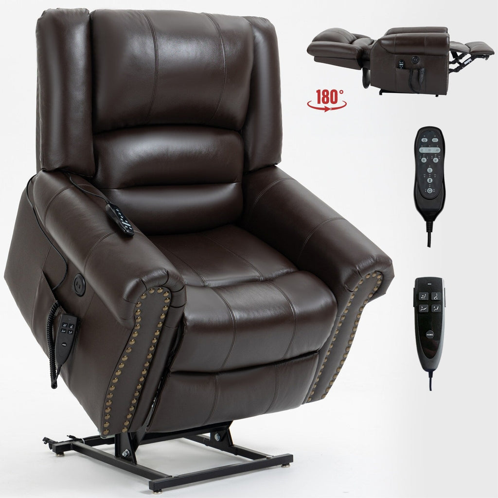 Fauteuil inclinable électrique en cuir véritable avec double moteur, massage par vibrations à 8 points, chauffage, ports USB et inclinaison infinie