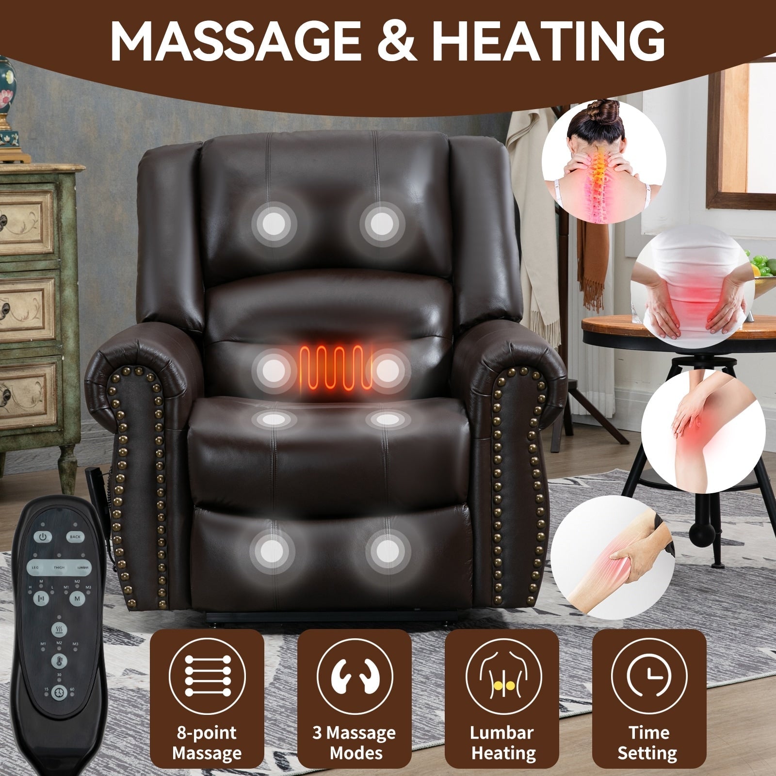 Fauteuil inclinable électrique en cuir véritable avec double moteur, massage par vibrations à 8 points, chauffage, ports USB et inclinaison infinie