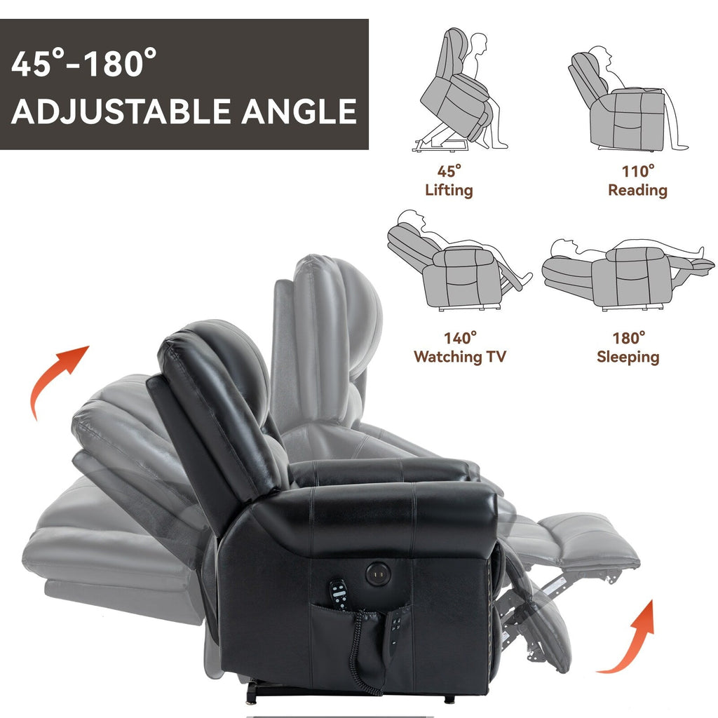 Fauteuil inclinable électrique en cuir véritable avec double moteur, massage par vibrations à 8 points, chauffage, ports USB et inclinaison infinie