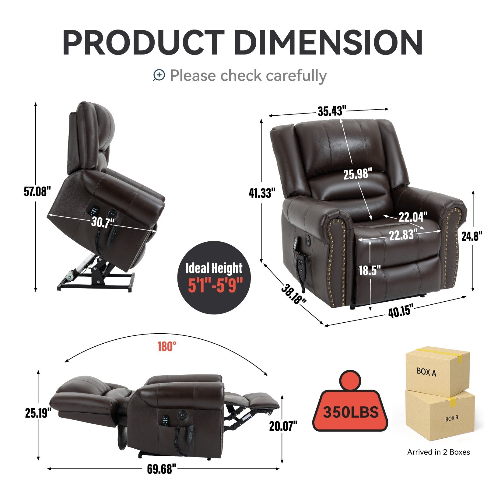 Fauteuil inclinable électrique en cuir véritable avec double moteur, massage par vibrations à 8 points, chauffage, ports USB et inclinaison infinie