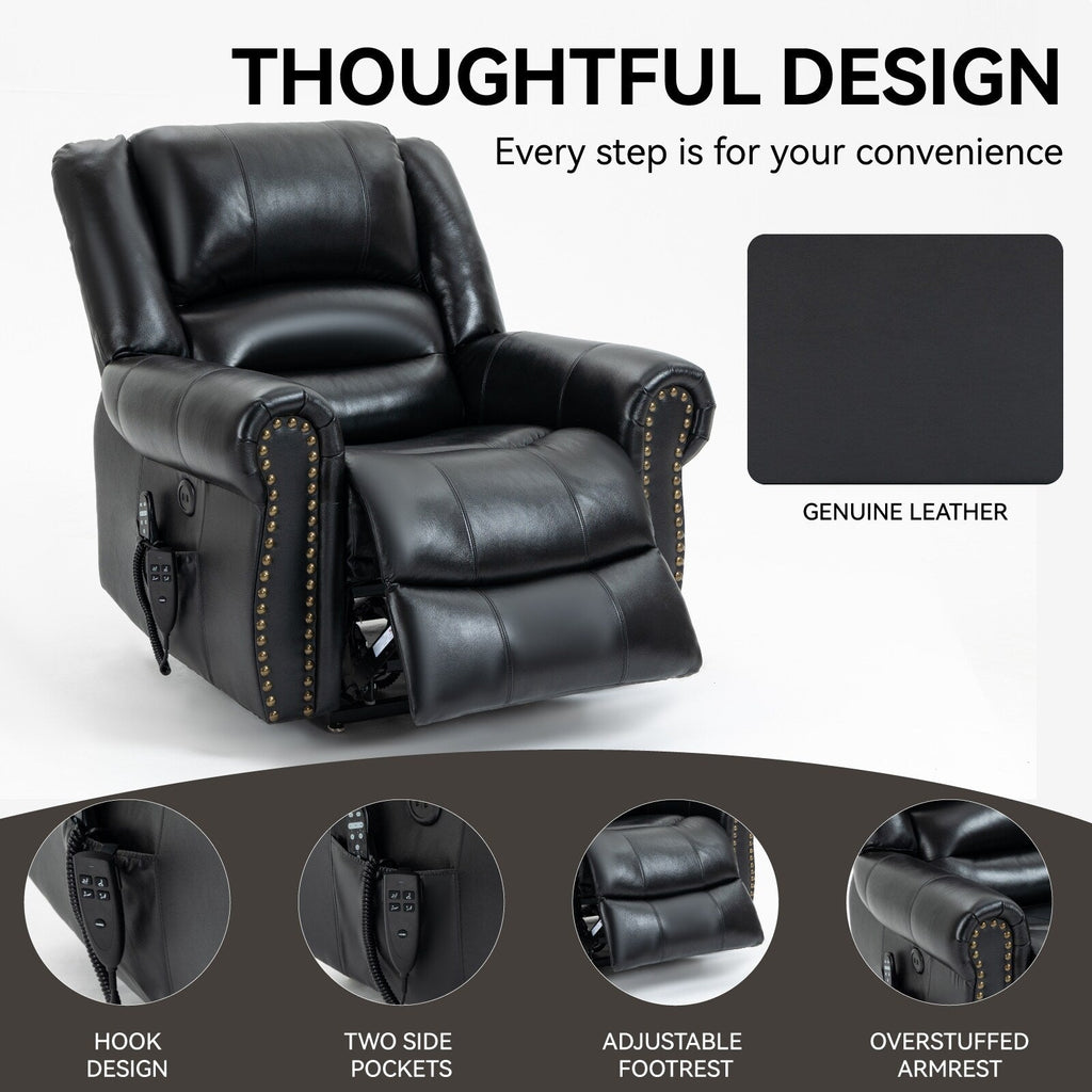 Fauteuil inclinable électrique en cuir véritable avec double moteur, massage par vibrations à 8 points, chauffage, ports USB et inclinaison infinie