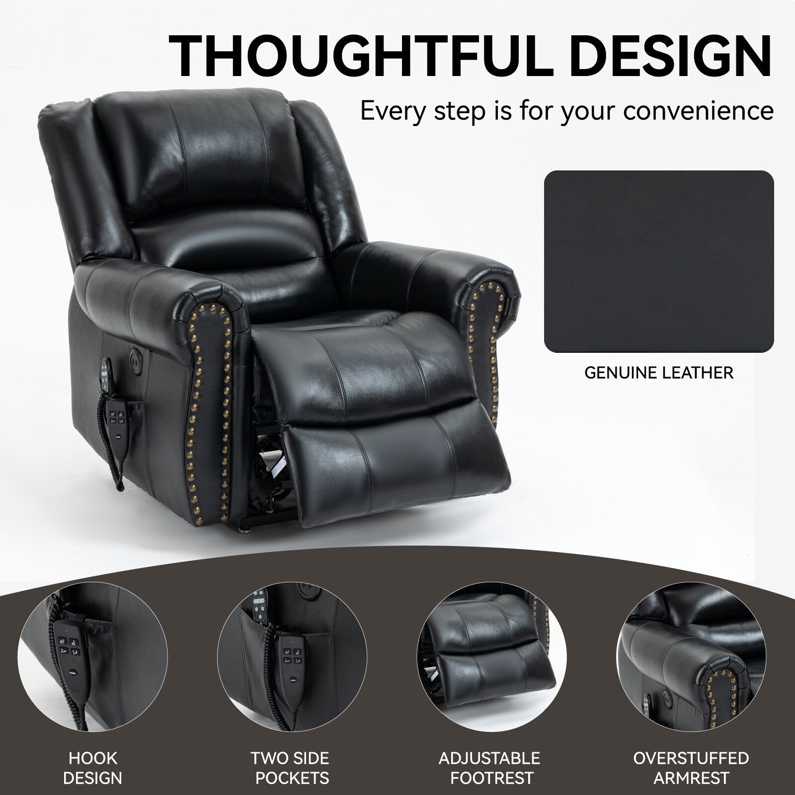 Fauteuil inclinable électrique en cuir véritable avec double moteur, massage par vibrations à 8 points, chauffage, ports USB et inclinaison infinie