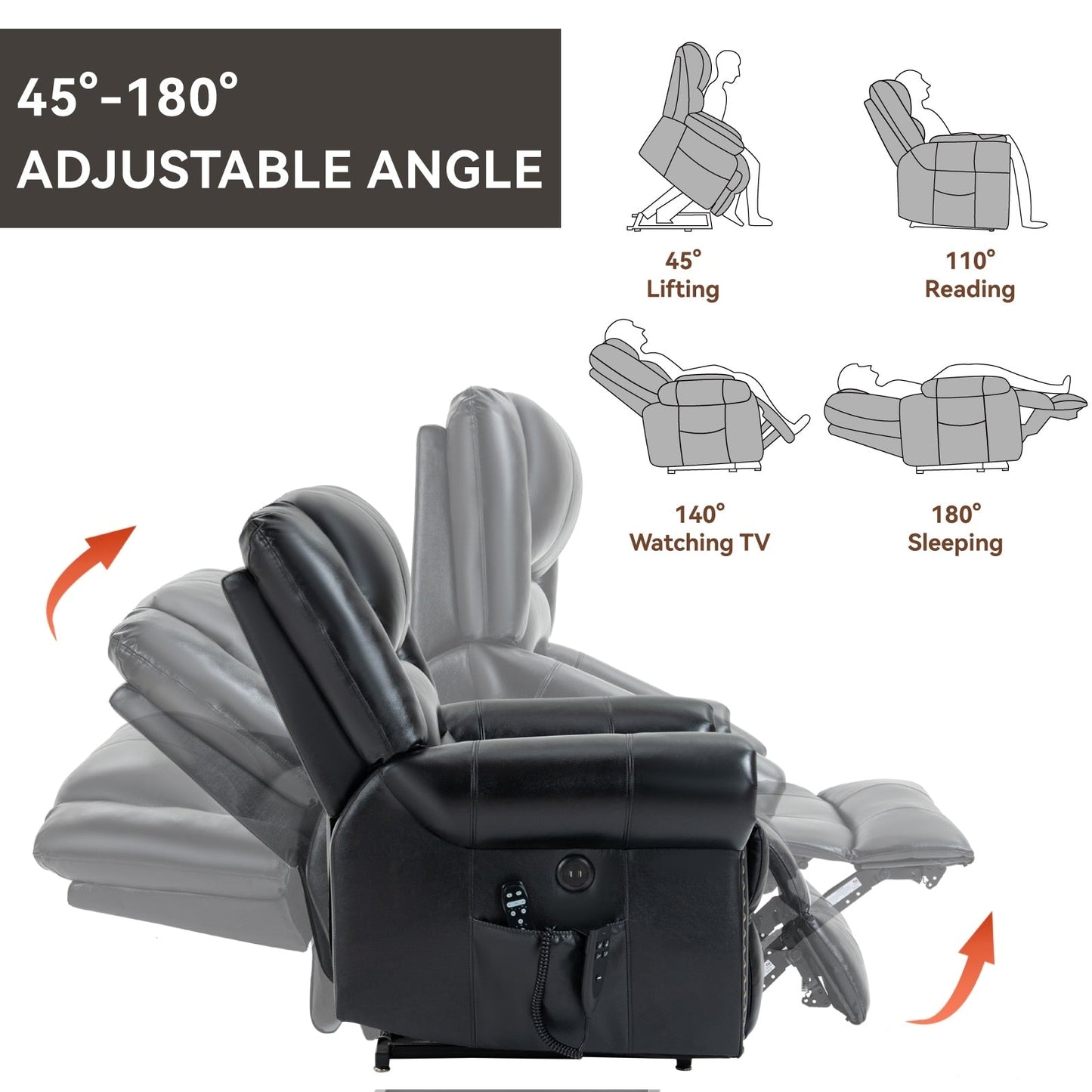 Fauteuil inclinable électrique en cuir véritable avec deux moteurs, massage chauffant, ports USB et fonction d'inclinaison complète