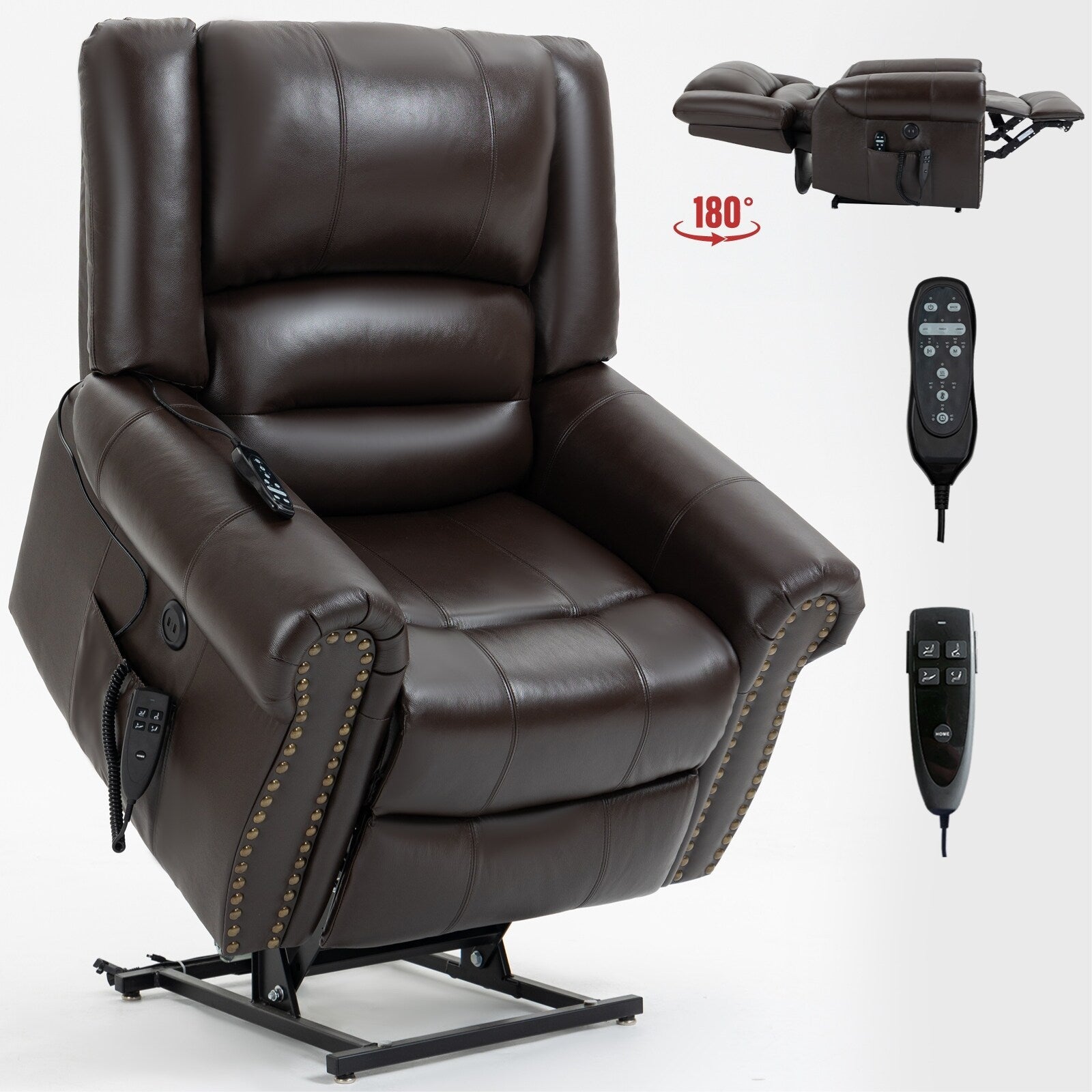 Fauteuil inclinable électrique en cuir véritable avec deux moteurs, massage chauffant, ports USB et fonction d'inclinaison complète