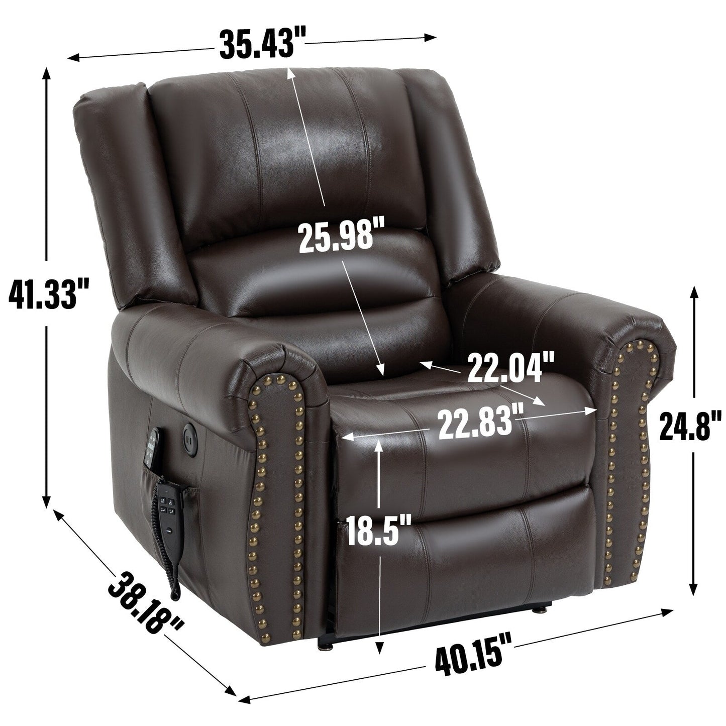 Fauteuil inclinable électrique en cuir véritable avec deux moteurs, massage chauffant, ports USB et fonction d'inclinaison complète