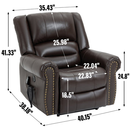 Fauteuil inclinable électrique en cuir véritable avec deux moteurs, massage chauffant, ports USB et fonction d'inclinaison complète