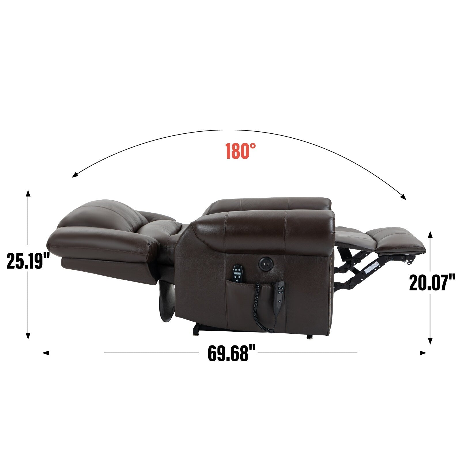 Fauteuil inclinable électrique en cuir véritable avec deux moteurs, massage chauffant, ports USB et fonction d'inclinaison complète