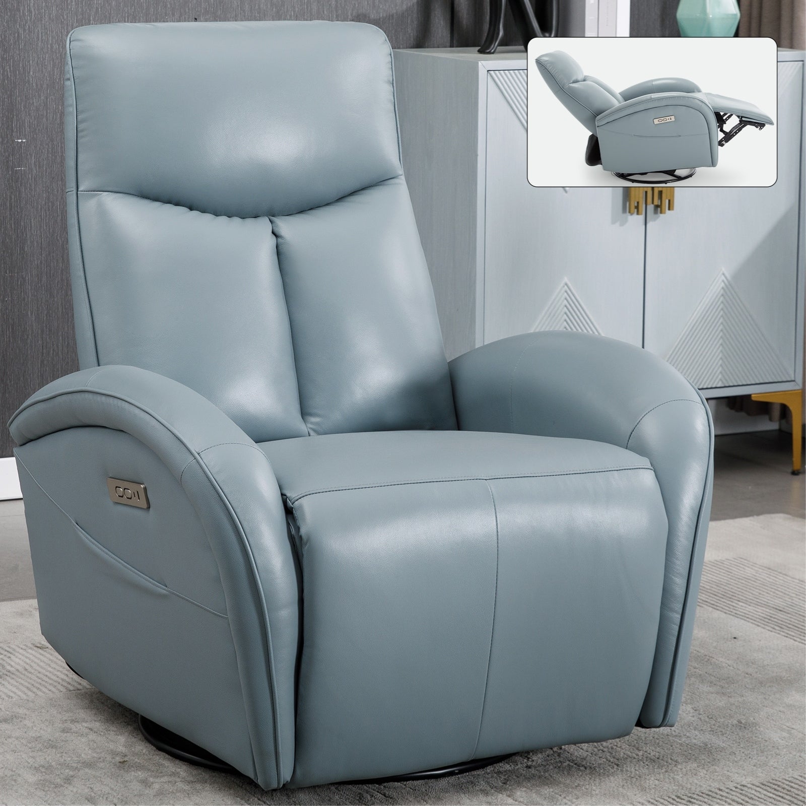 Fauteuil inclinable électrique en cuir véritable avec pivot à 270°, mouvement de bascule, soutien lombaire et ports de charge USB et Type-C
