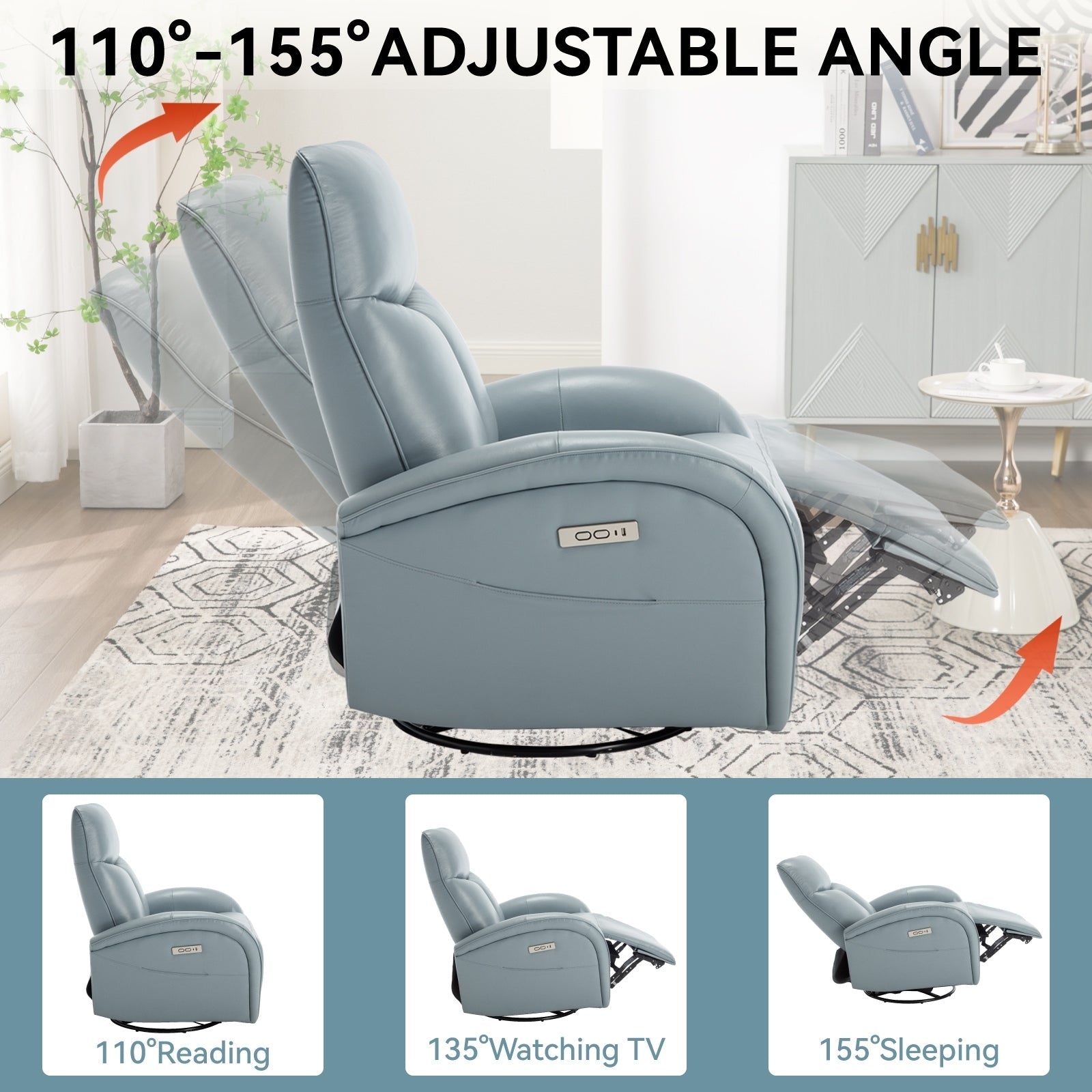 Fauteuil inclinable électrique en cuir véritable avec pivot à 270°, mouvement de bascule, soutien lombaire et ports de charge USB et Type-C