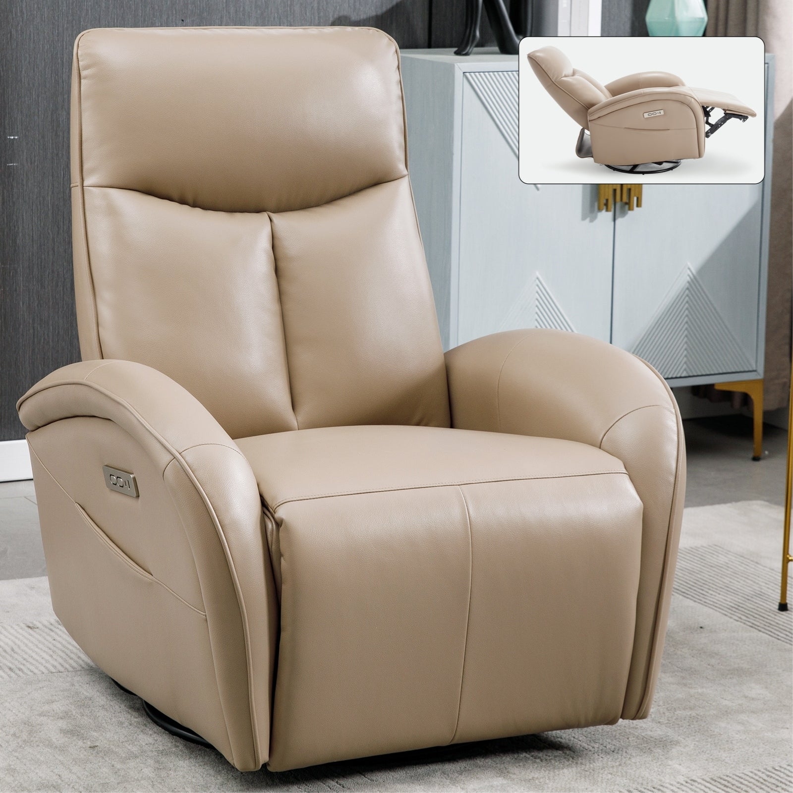 Fauteuil inclinable électrique en cuir véritable avec pivot à 270°, mouvement de bascule, soutien lombaire et ports de charge USB et Type-C