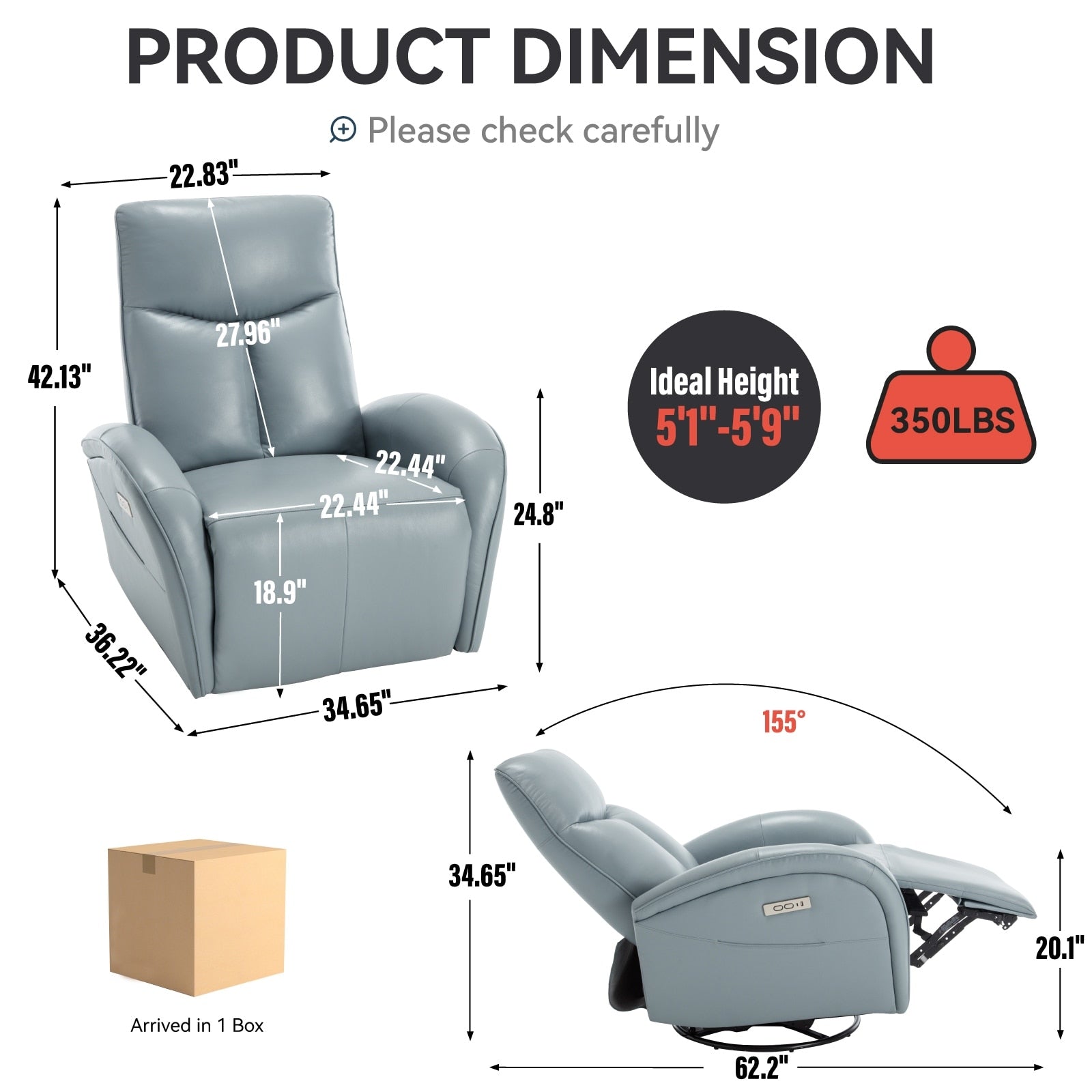 Fauteuil inclinable électrique en cuir véritable avec pivot à 270°, mouvement de bascule, soutien lombaire et ports de charge USB et Type-C