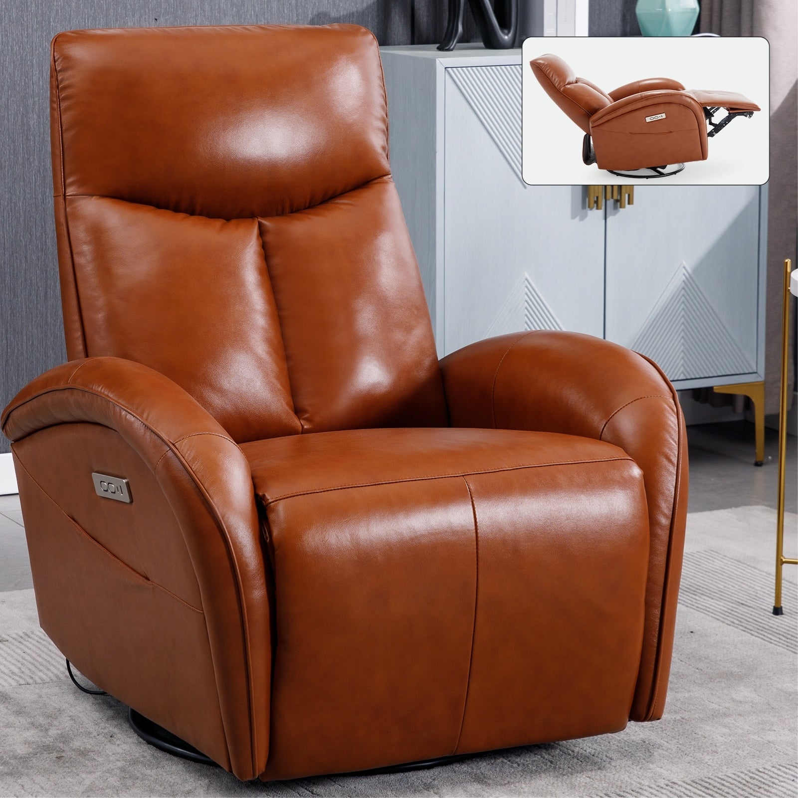 Fauteuil inclinable électrique en cuir véritable avec pivot à 270°, mouvement de bascule, soutien lombaire et ports de charge USB et Type-C