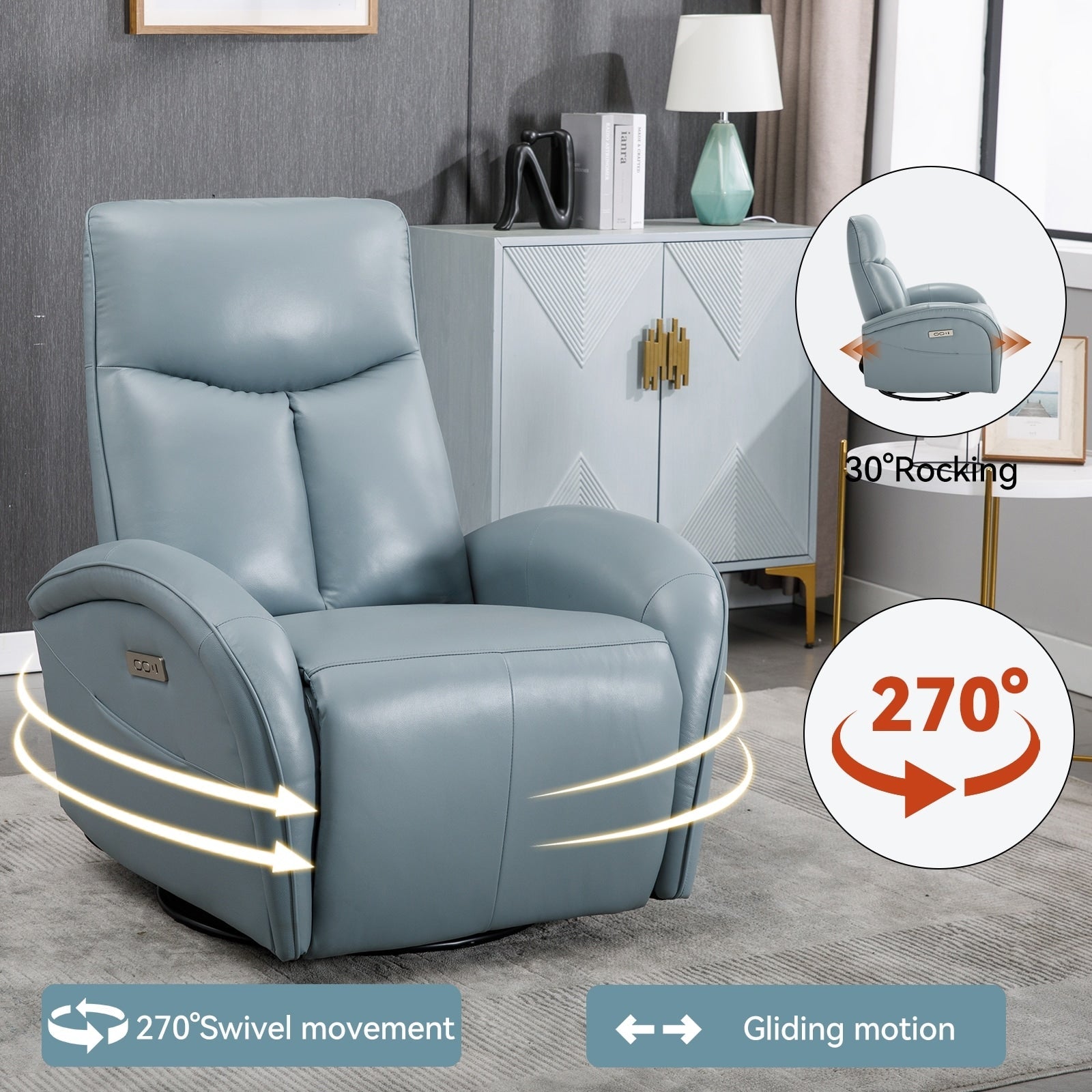 Fauteuil inclinable électrique en cuir véritable avec pivot à 270°, mouvement de bascule, soutien lombaire et ports de charge USB et Type-C