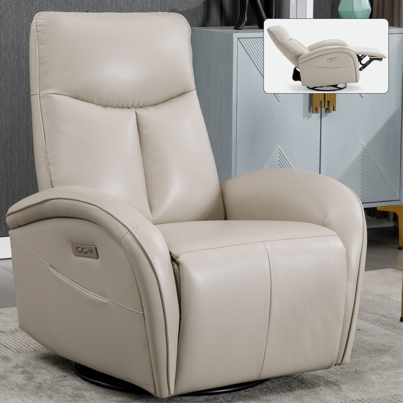 Fauteuil inclinable électrique en cuir véritable avec pivot à 270°, mouvement de bascule, soutien lombaire et ports de charge USB et Type-C