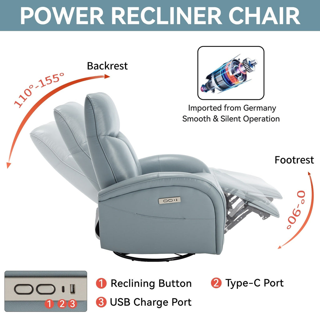 Fauteuil inclinable électrique en cuir véritable, pivotant à 270°, USB, Type-C