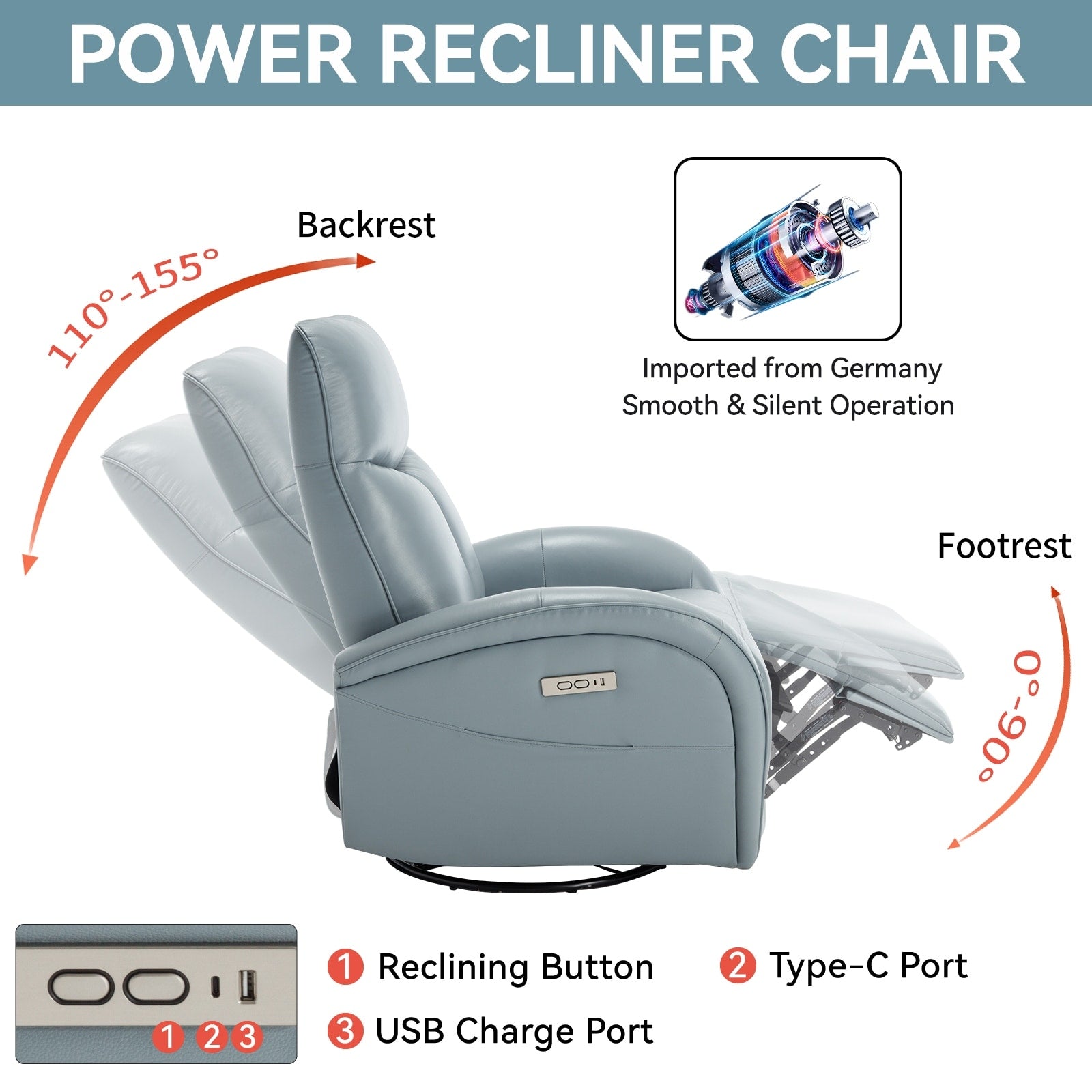 Fauteuil inclinable électrique en cuir véritable, pivotant à 270°, USB, Type-C