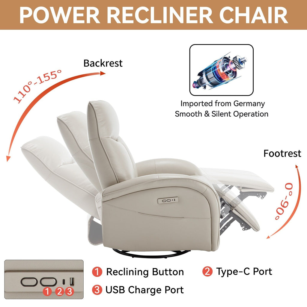 Fauteuil inclinable électrique en cuir véritable, pivotant à 270°, USB, Type-C