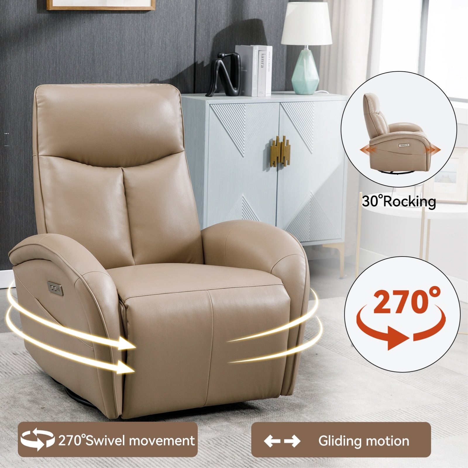 Fauteuil inclinable électrique en cuir véritable, pivotant à 270°, USB, Type-C