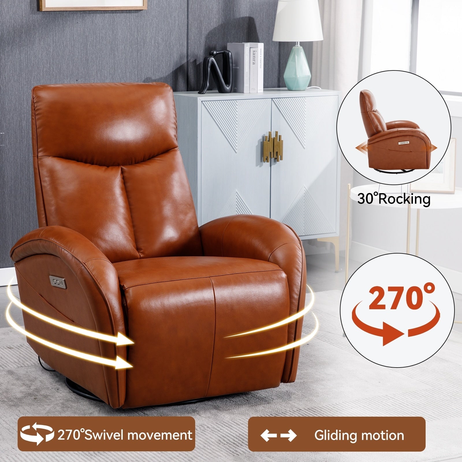 Fauteuil inclinable électrique en cuir véritable, pivotant à 270°, USB, Type-C
