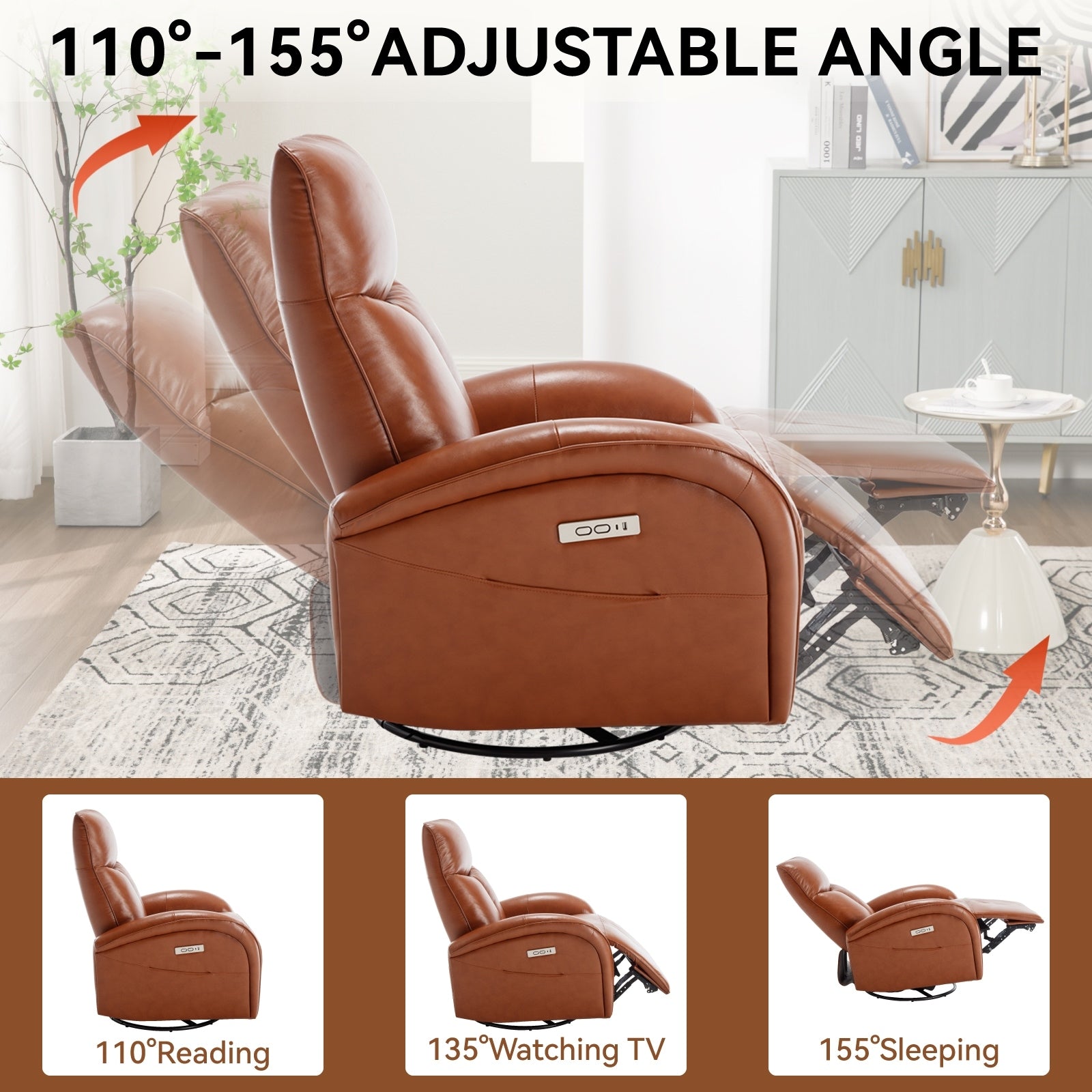 Fauteuil inclinable électrique en cuir véritable, pivotant à 270°, USB, Type-C