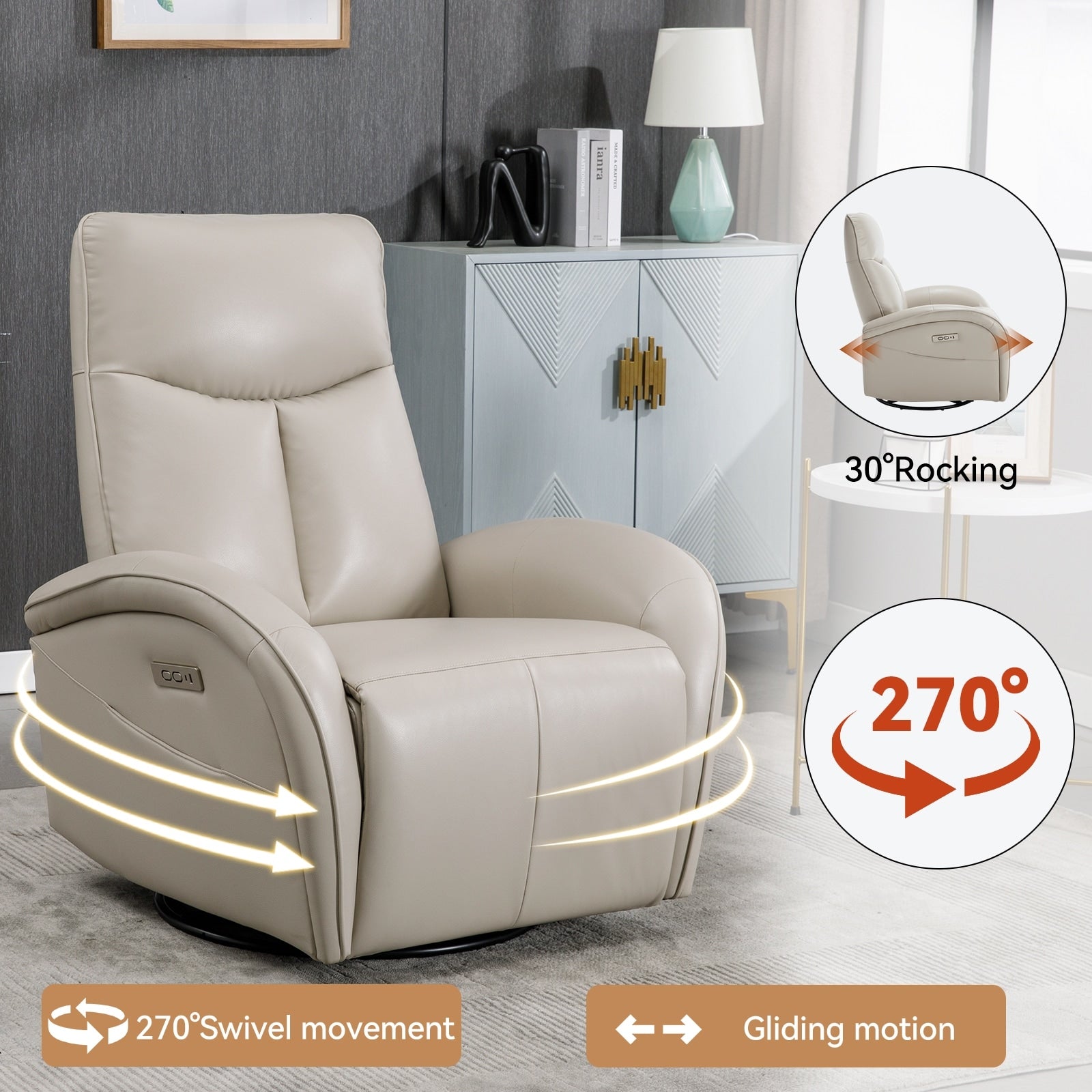 Fauteuil inclinable électrique en cuir véritable, pivotant à 270°, USB, Type-C