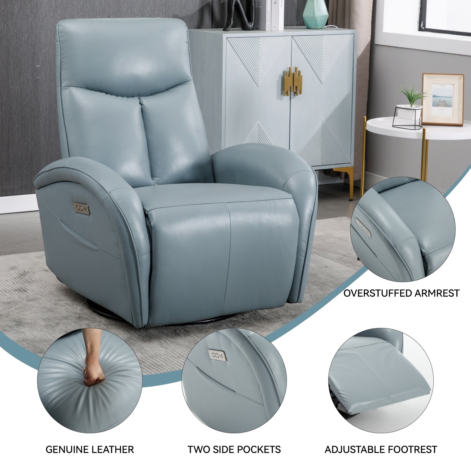 Fauteuil inclinable électrique en cuir véritable, pivotant à 270°, USB, Type-C