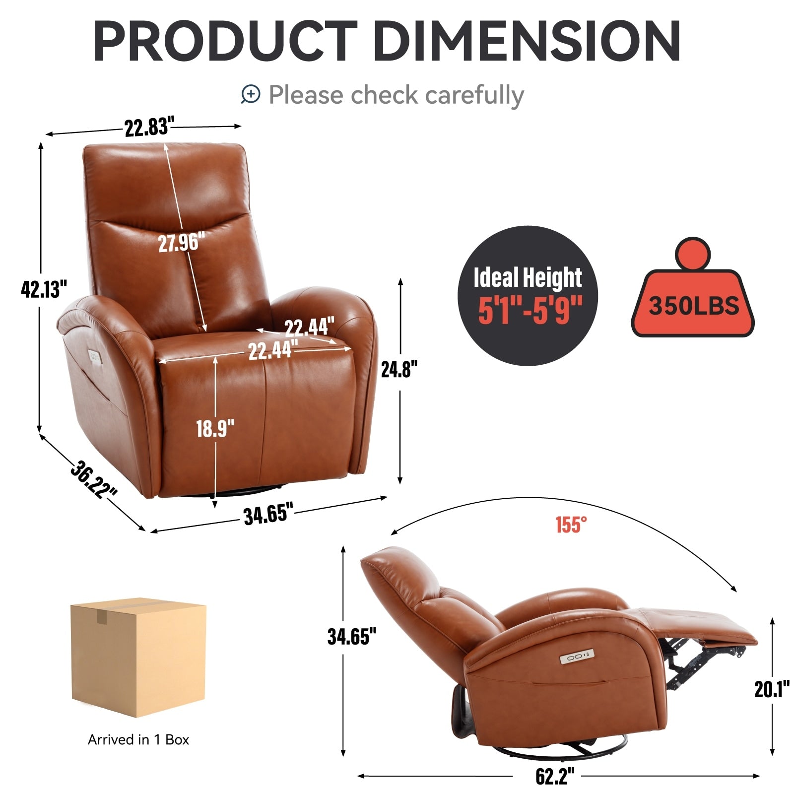 Fauteuil inclinable électrique en cuir véritable, pivotant à 270°, USB, Type-C