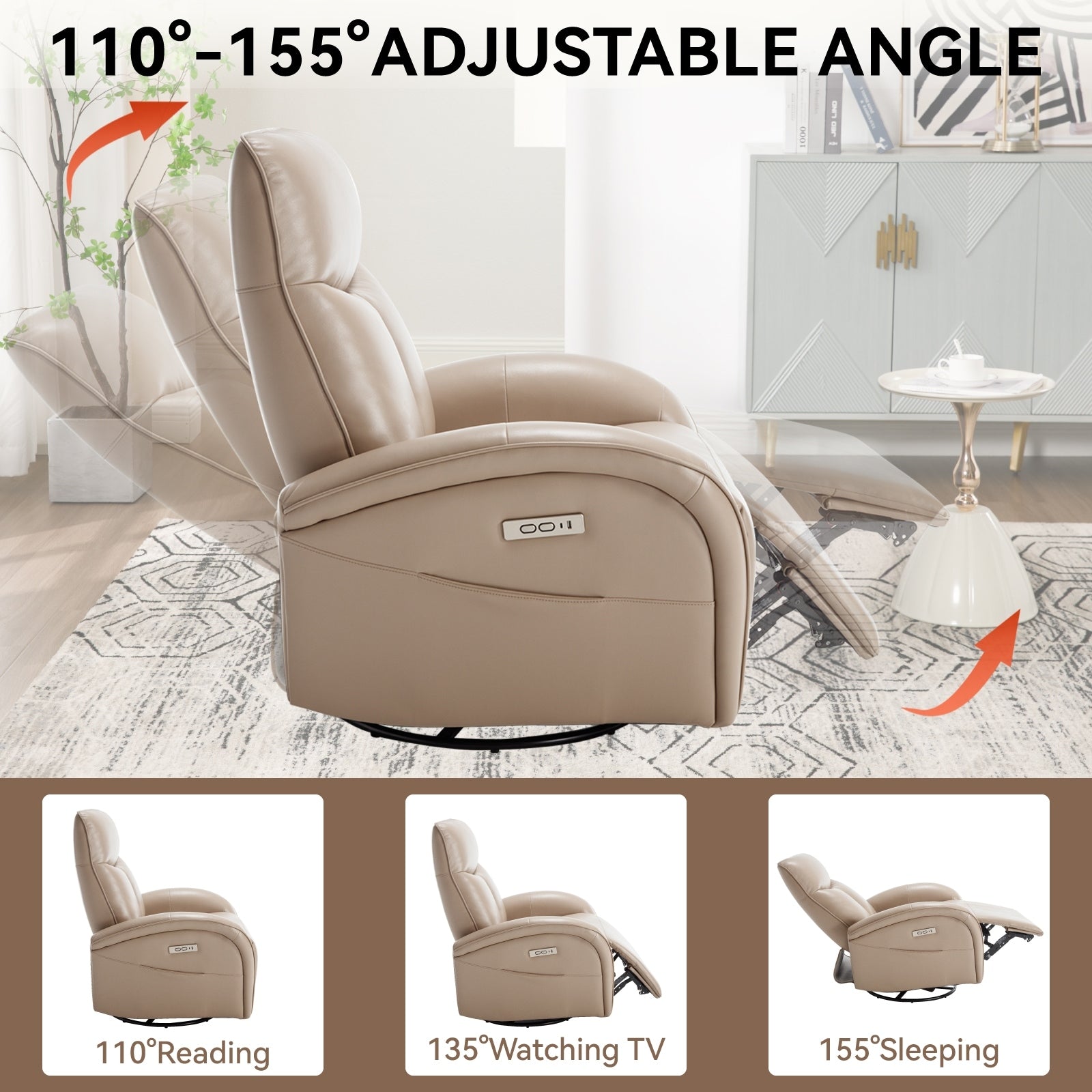 Fauteuil inclinable électrique en cuir véritable, pivotant à 270°, USB, Type-C