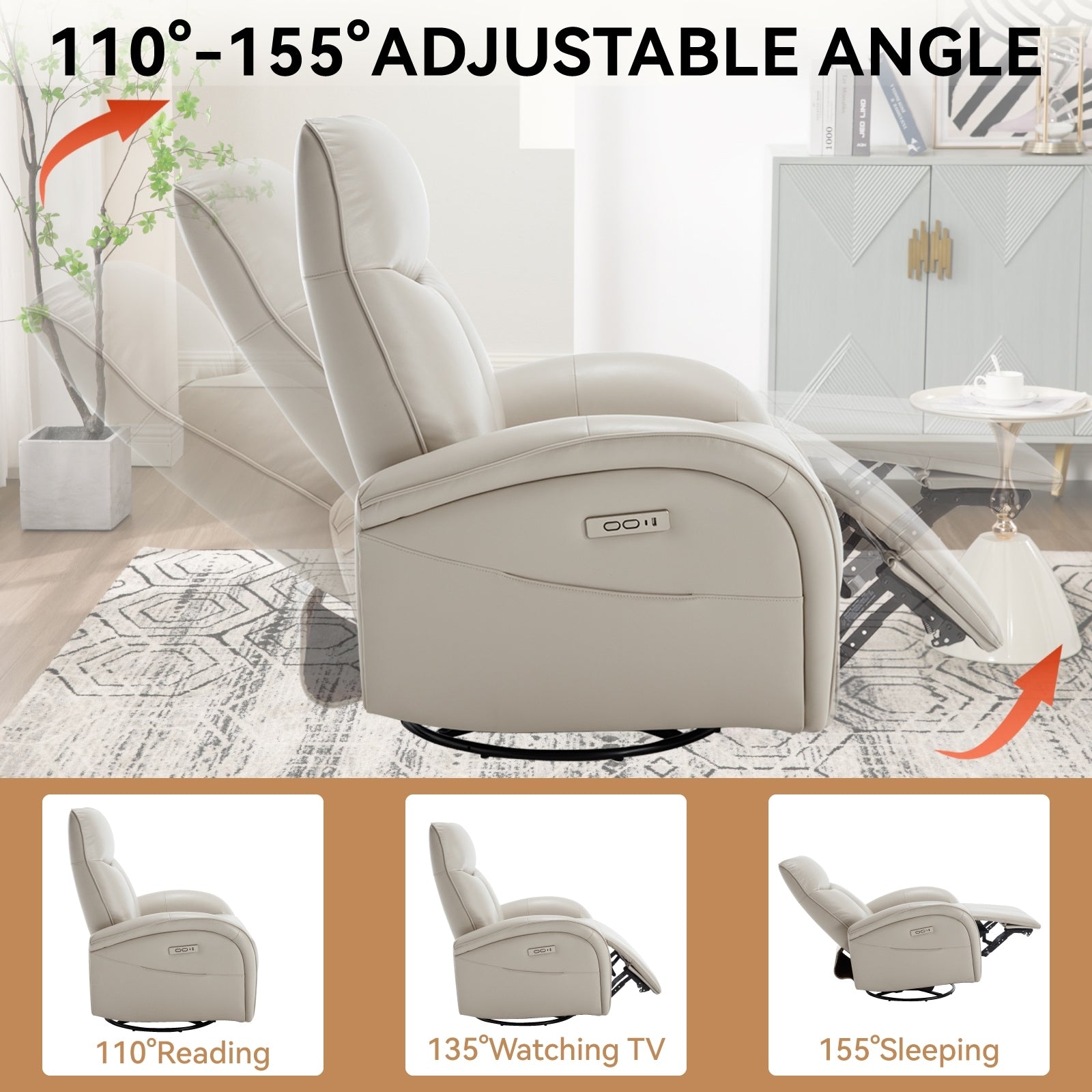 Fauteuil inclinable électrique en cuir véritable, pivotant à 270°, USB, Type-C