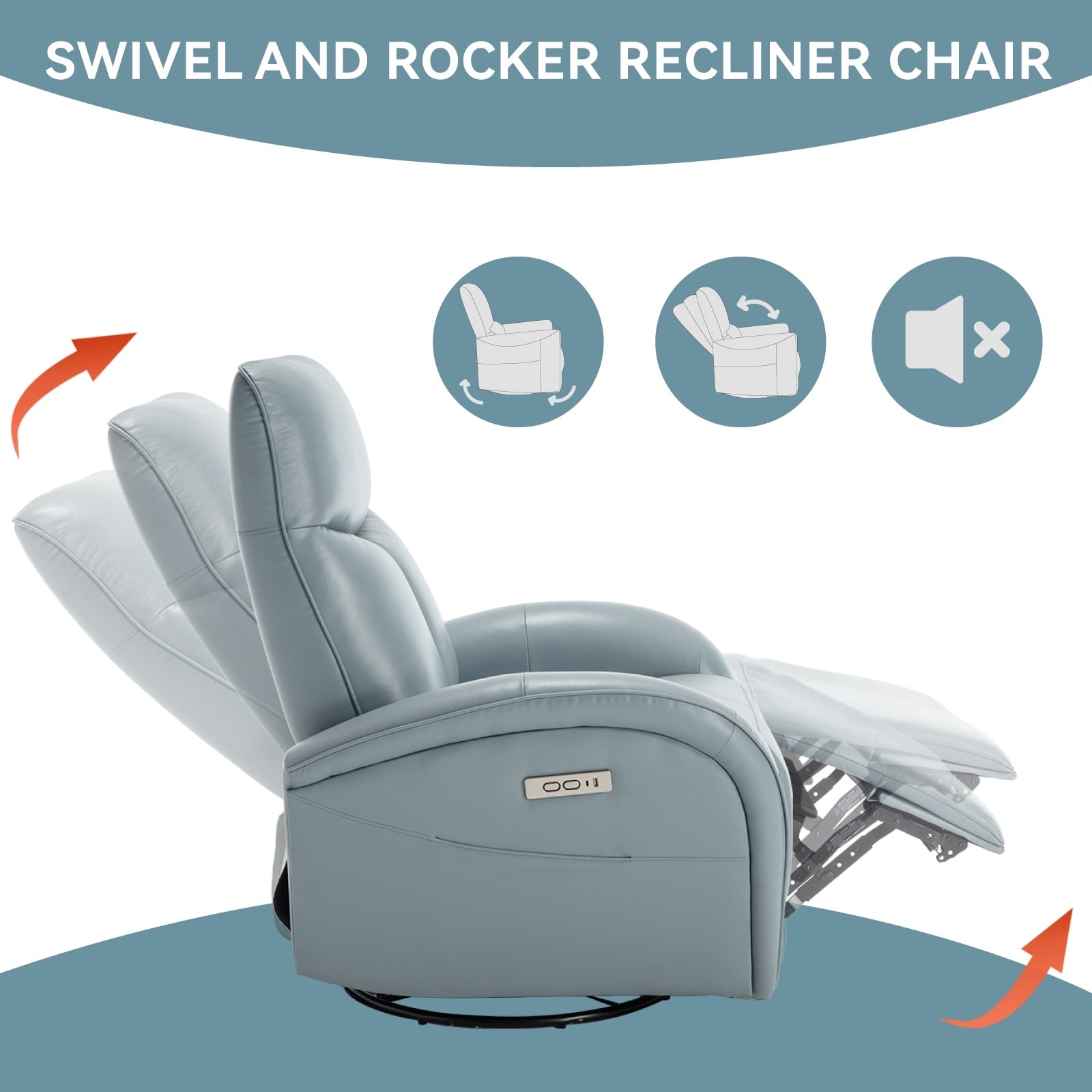 Fauteuil inclinable électrique en cuir véritable, pivotant à 270°, USB, Type-C