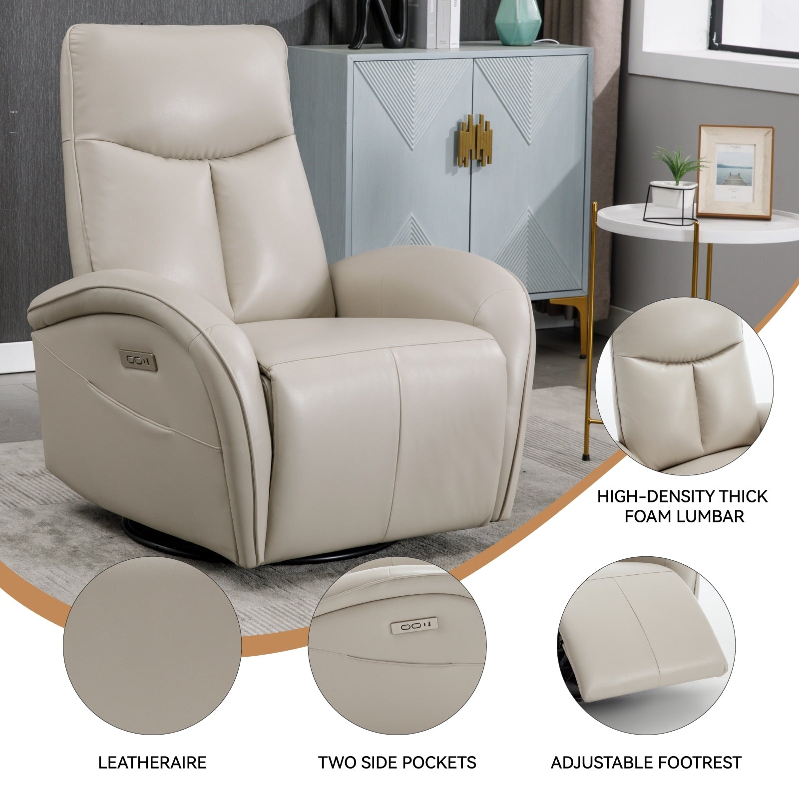Fauteuil inclinable électrique en cuir véritable, pivotant à 270°, USB, Type-C