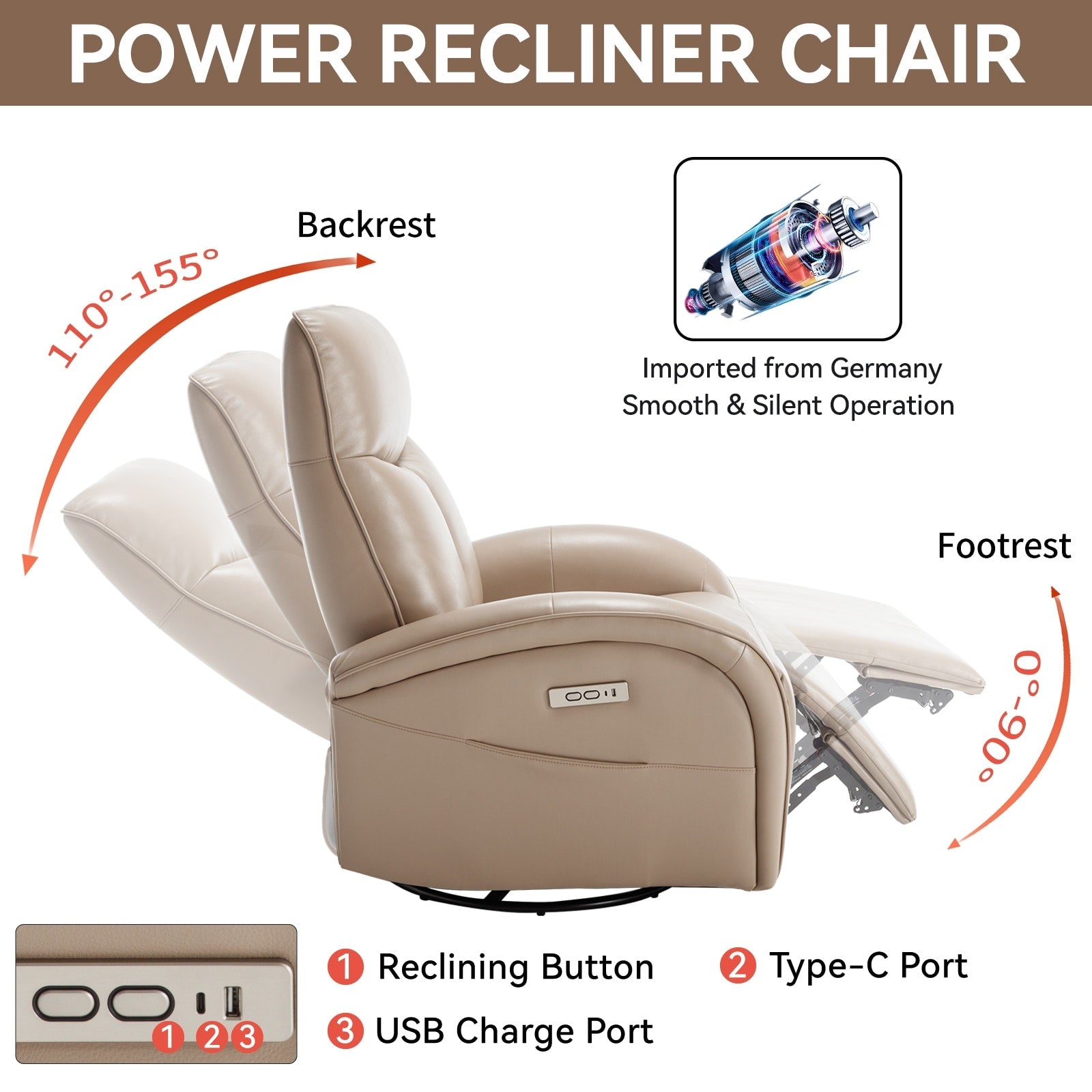 Fauteuil inclinable électrique en cuir véritable, pivotant à 270°, USB, Type-C