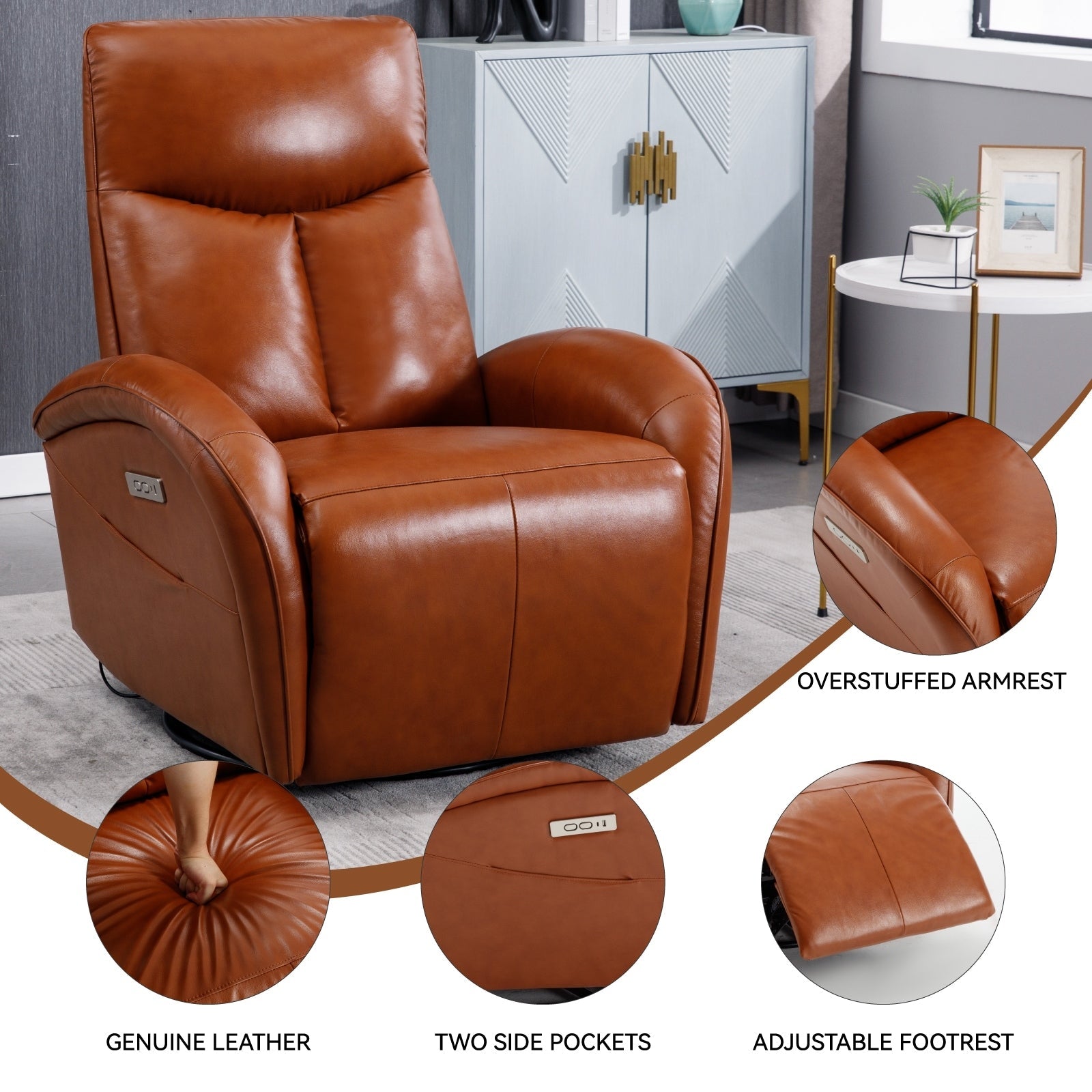 Fauteuil inclinable électrique en cuir véritable, pivotant à 270°, USB, Type-C
