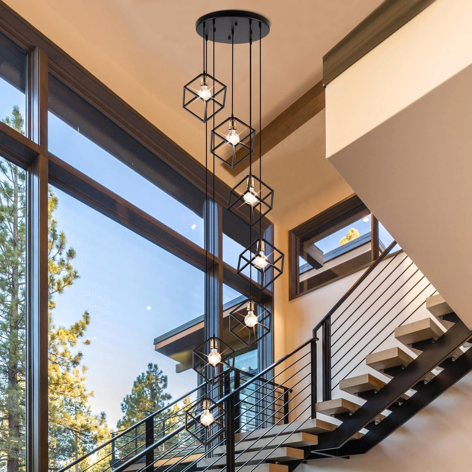 Lustre suspendu géométrique pour escalier, hauteur réglable, 5 ou 7 lumières