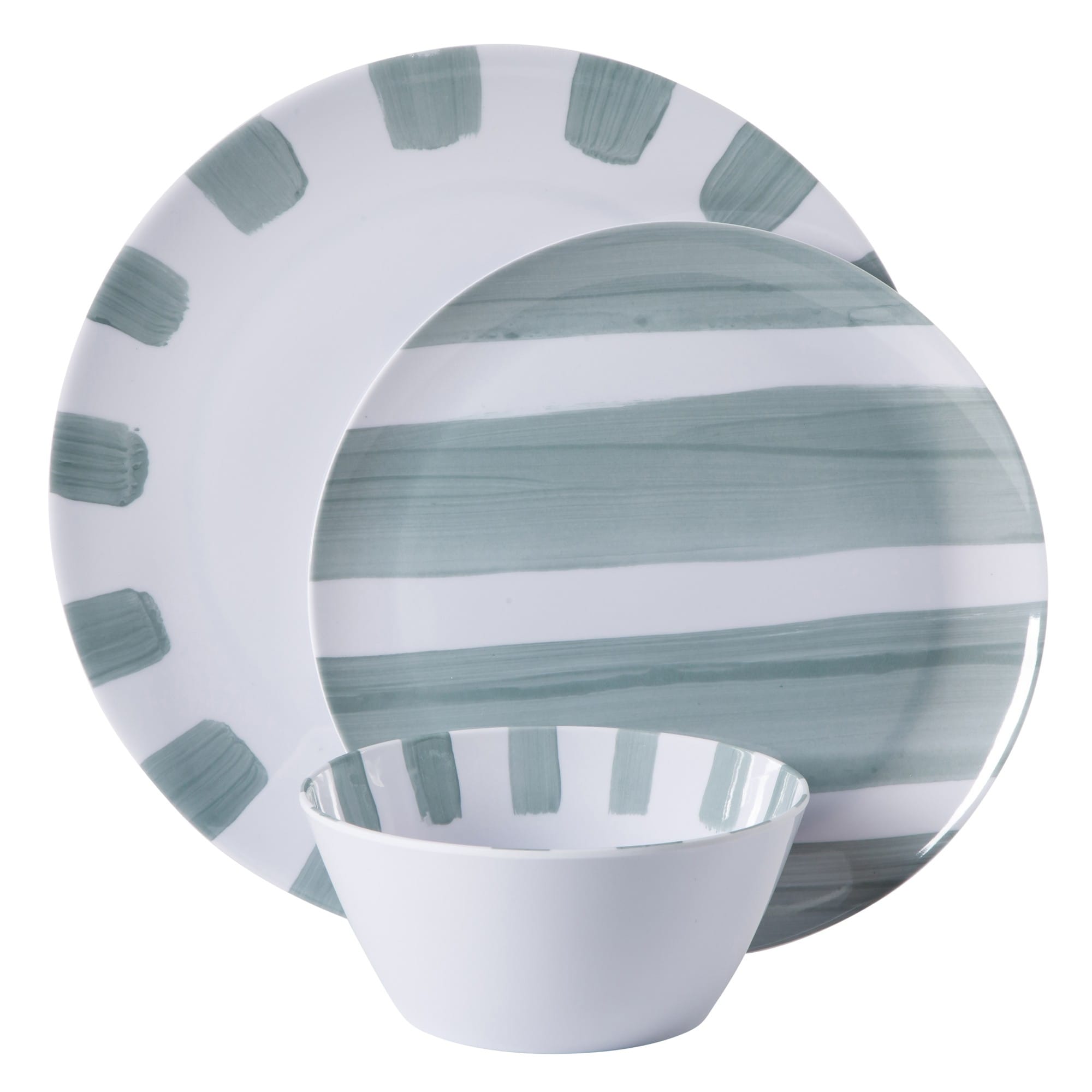 Service de table Gibson Home Cottage Stripes, 12 pièces, assiettes et bols incassables en mélamine - Couleurs assorties