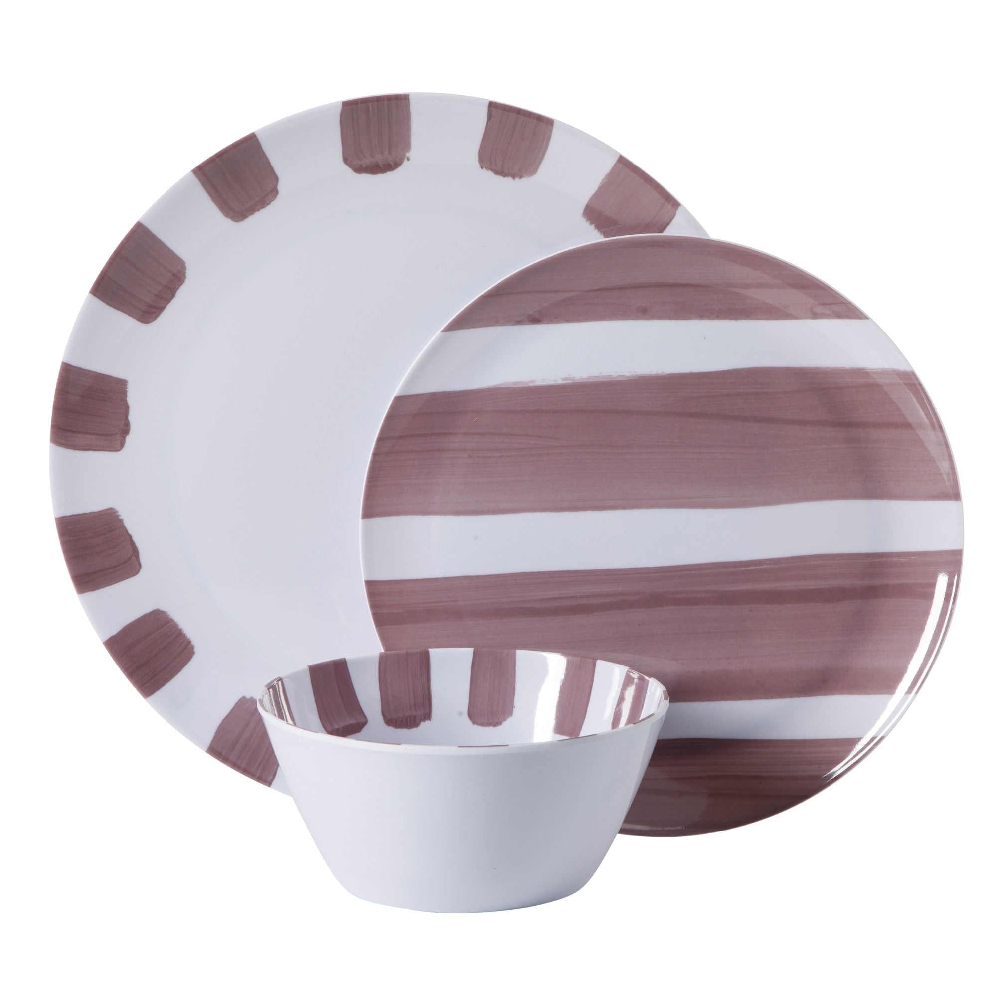 Service de table Gibson Home Cottage Stripes, 12 pièces, assiettes et bols incassables en mélamine - Couleurs assorties