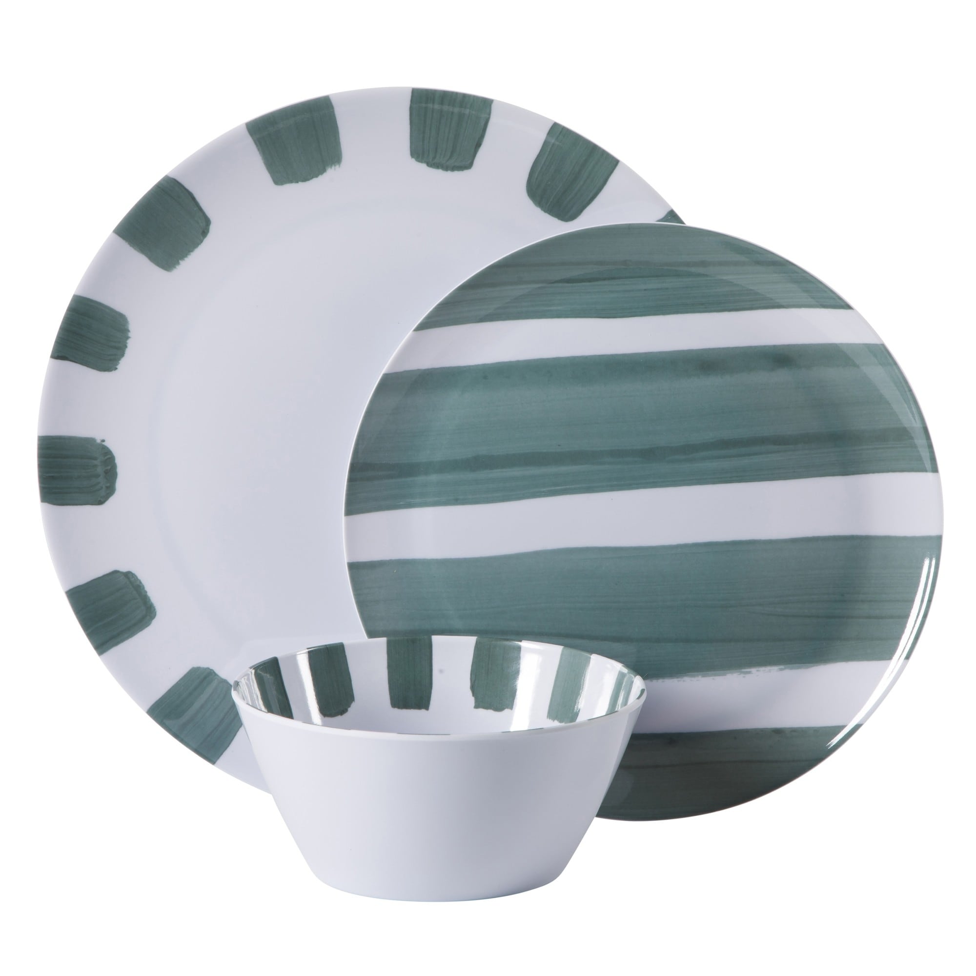 Service de table Gibson Home Cottage Stripes, 12 pièces, assiettes et bols incassables en mélamine - Couleurs assorties