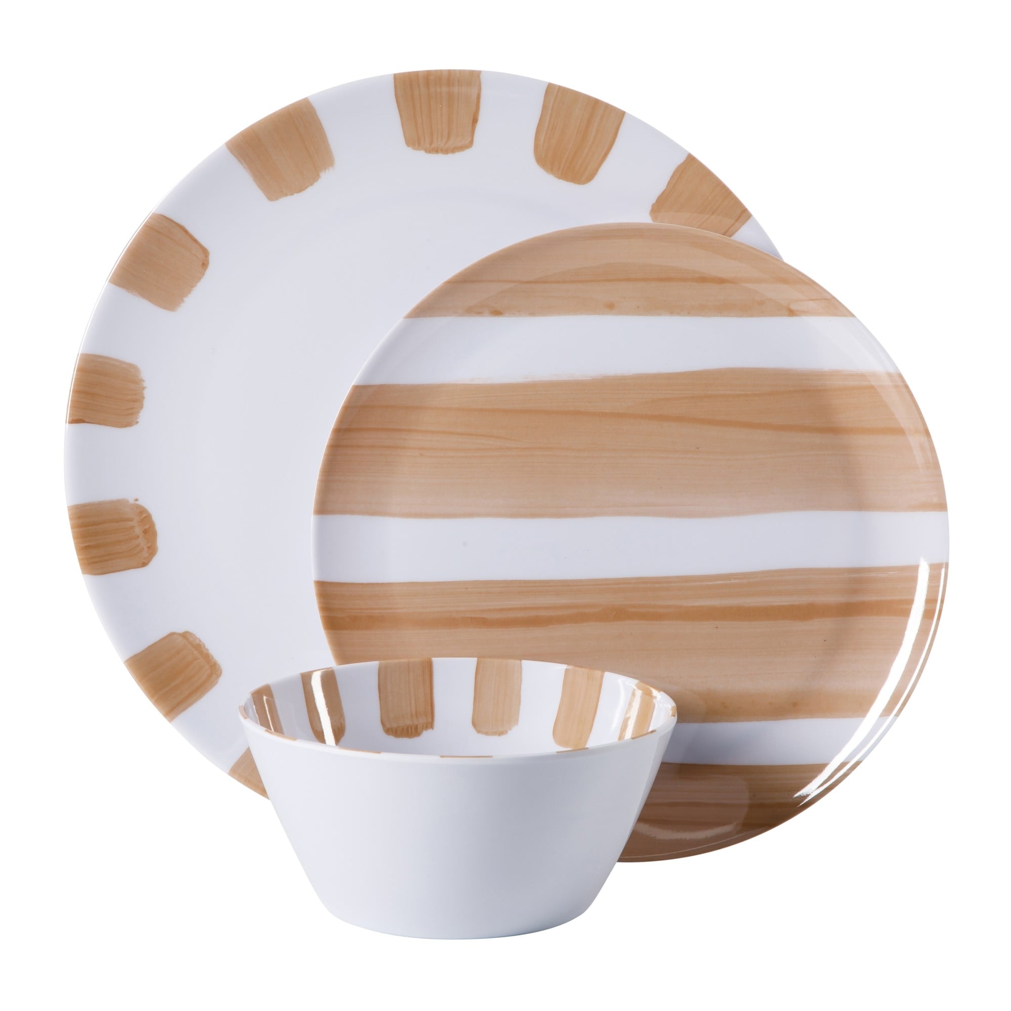 Service de table Gibson Home Cottage Stripes, 12 pièces, assiettes et bols incassables en mélamine - Couleurs assorties