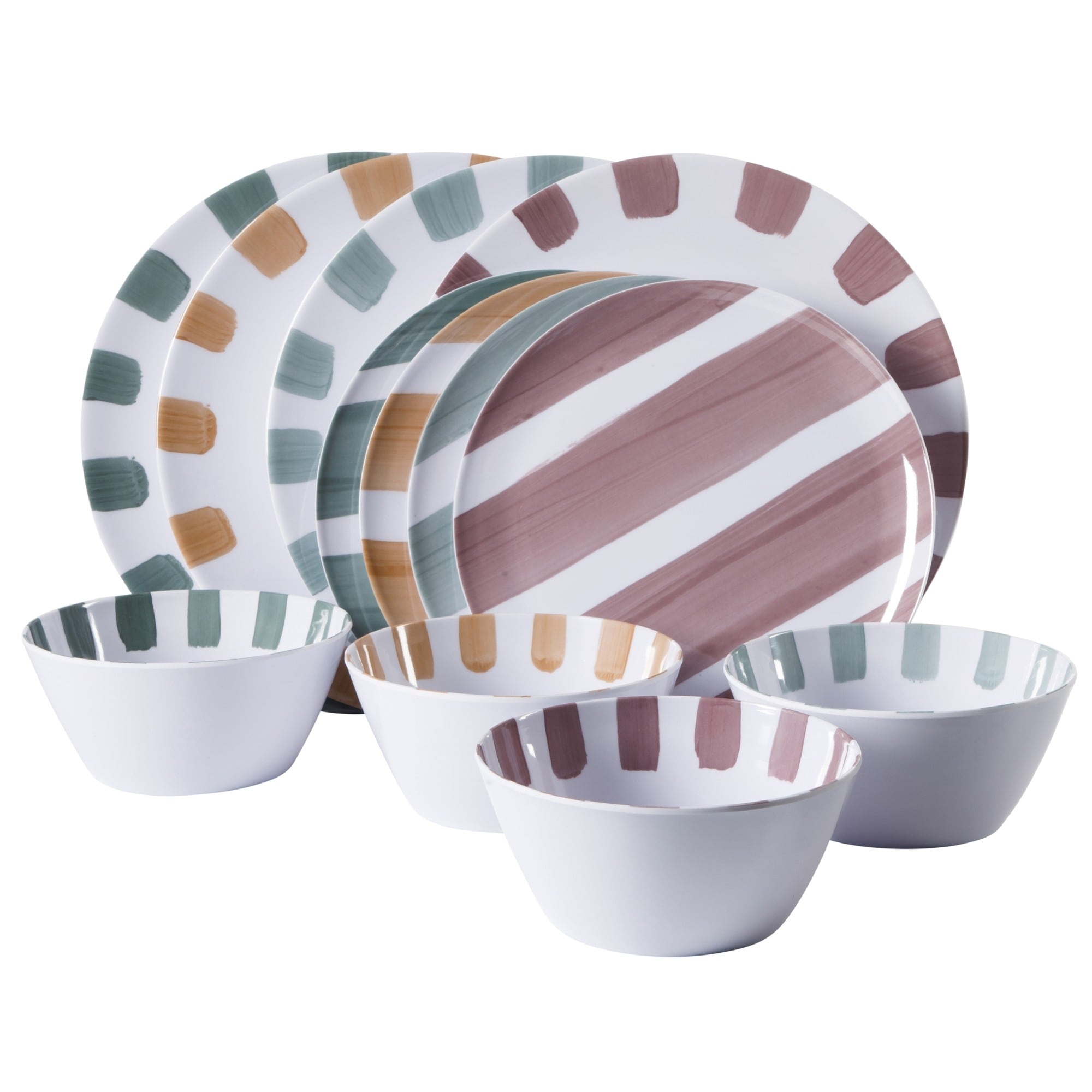 Service de table Gibson Home Cottage Stripes, 12 pièces, assiettes et bols incassables en mélamine - Couleurs assorties