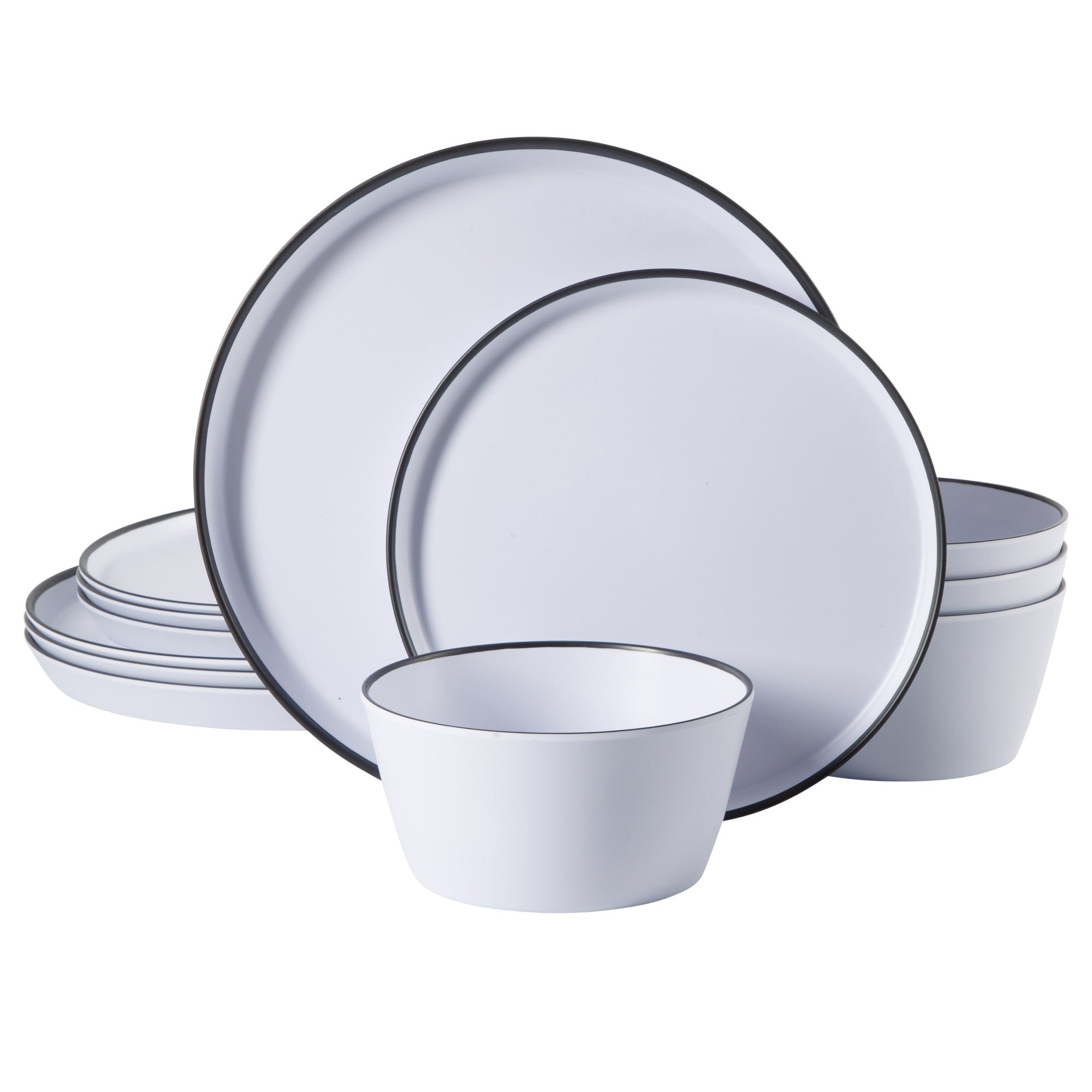 Service de table Gibson Home Folsom Shores, 12 pièces, assiettes et bols en mélamine incassable, moderne – Blanc avec bordure noire