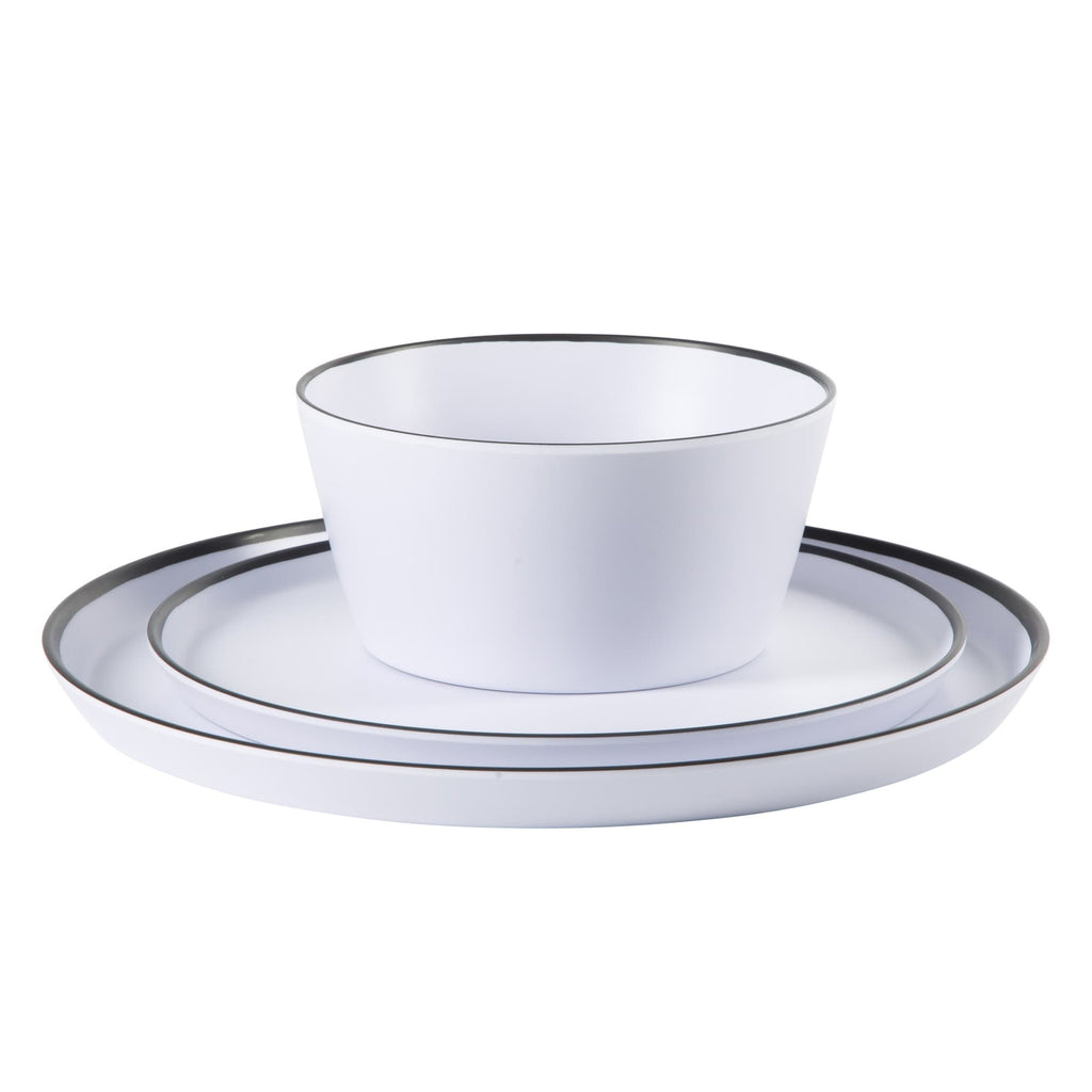 Service de table Gibson Home Folsom Shores, 12 pièces, assiettes et bols en mélamine incassable, moderne – Blanc avec bordure noire