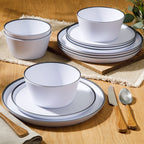 Service de table Gibson Home Folsom Shores, 12 pièces, assiettes et bols en mélamine incassable, moderne – Blanc avec bordure noire