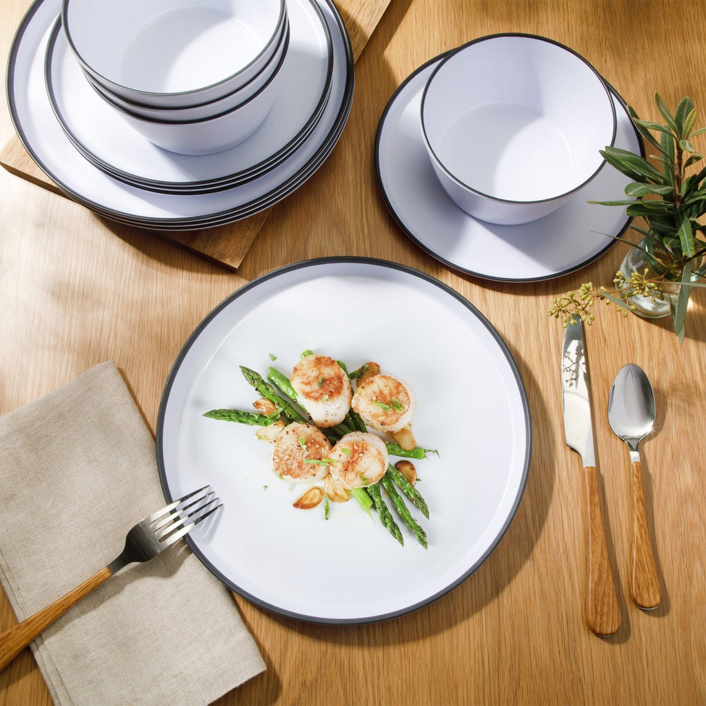 Service de table Gibson Home Folsom Shores, 12 pièces, assiettes et bols en mélamine incassable, moderne – Blanc avec bordure noire