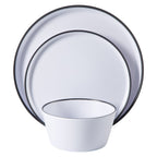 Service de table Gibson Home Folsom Shores, 12 pièces, assiettes et bols en mélamine incassable, moderne – Blanc avec bordure noire