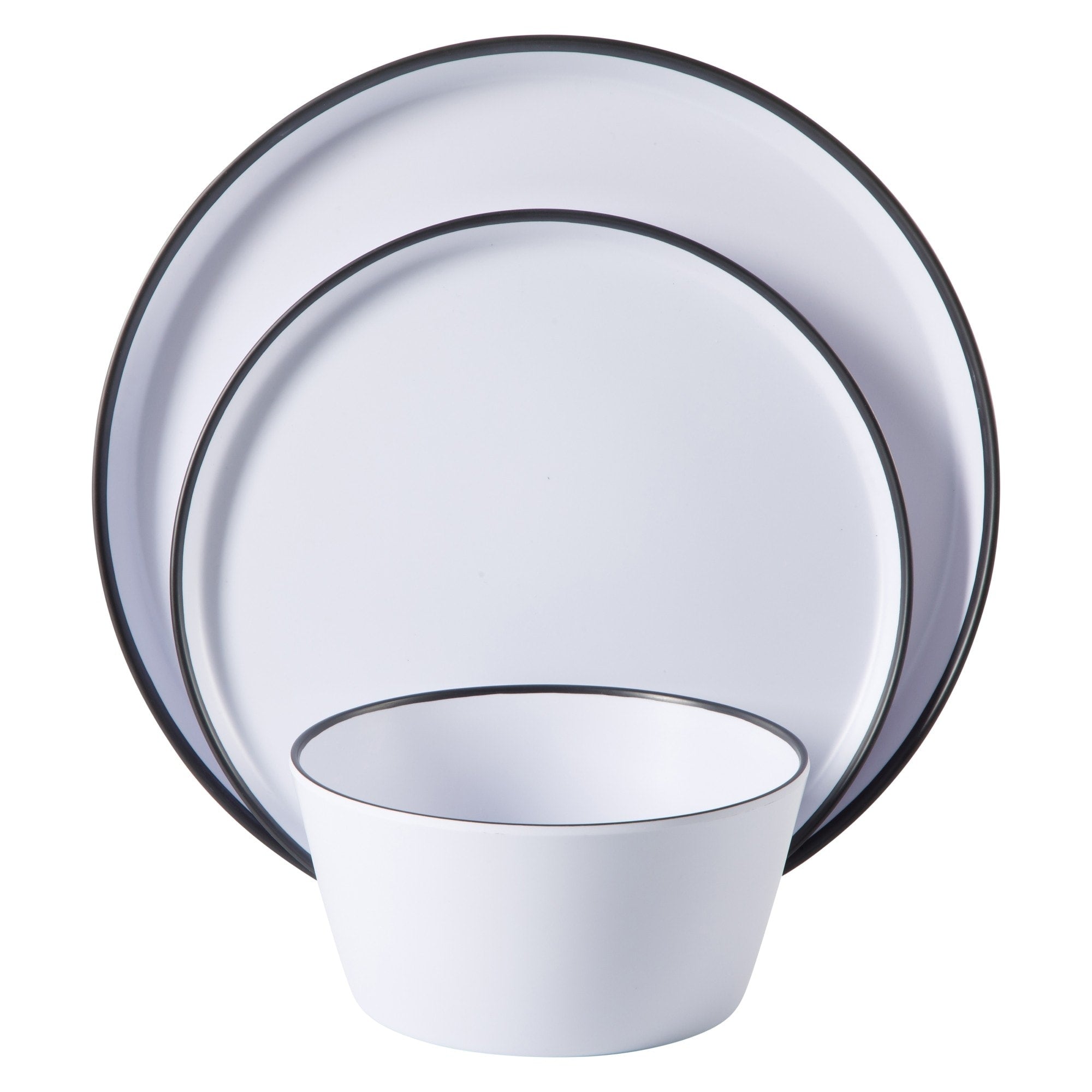 Service de table Gibson Home Folsom Shores, 12 pièces, assiettes et bols en mélamine incassable, moderne – Blanc avec bordure noire