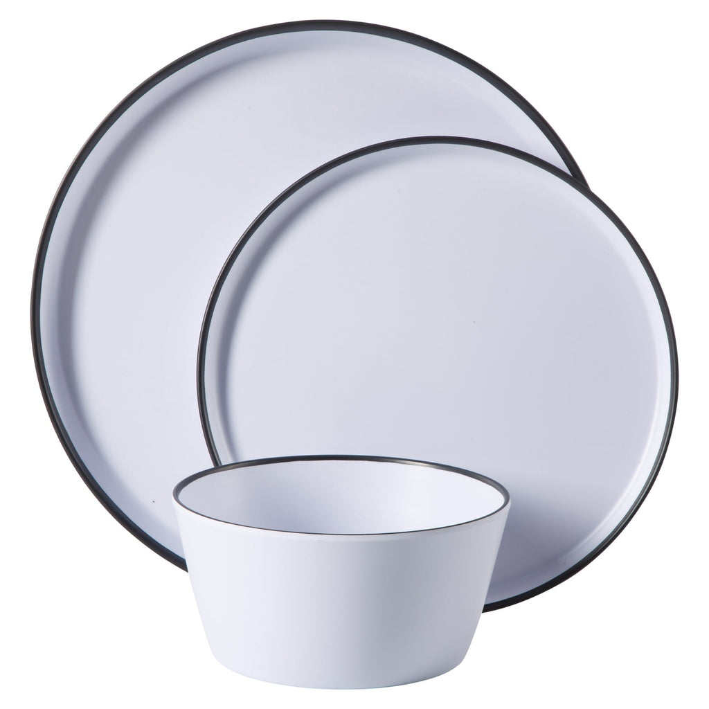 Service de table Gibson Home Folsom Shores, 12 pièces, assiettes et bols en mélamine incassable, moderne – Blanc avec bordure noire