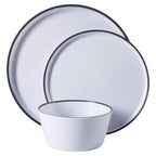 Service de table Gibson Home Folsom Shores, 12 pièces, assiettes et bols en mélamine incassable, moderne – Blanc avec bordure noire